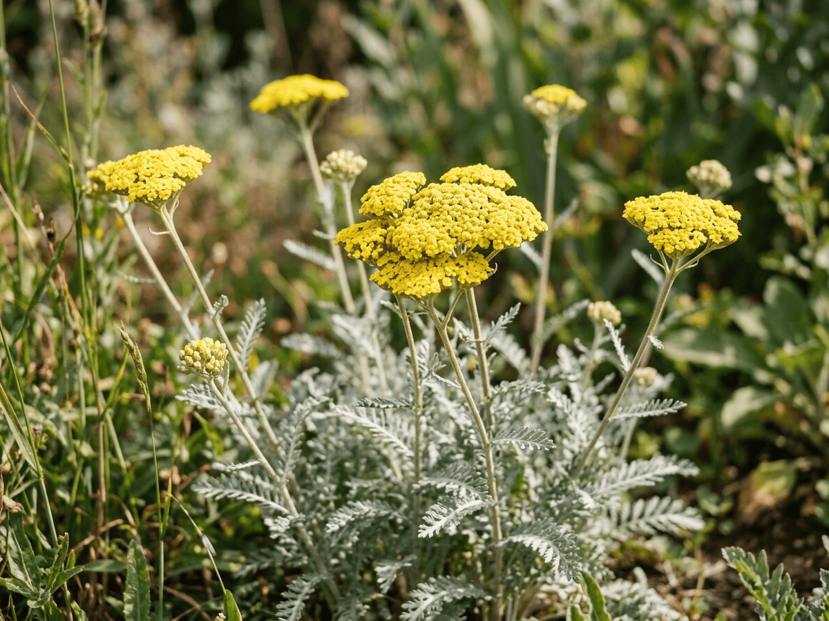 Achillea Moonshine — primo piano di foglie e fiori
