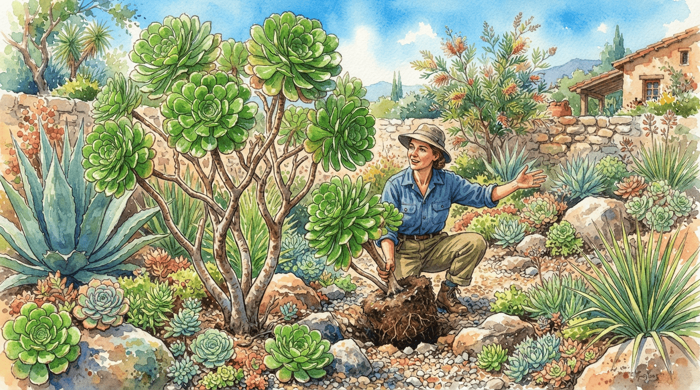 Illustrated historical scene for Tree Aeonium