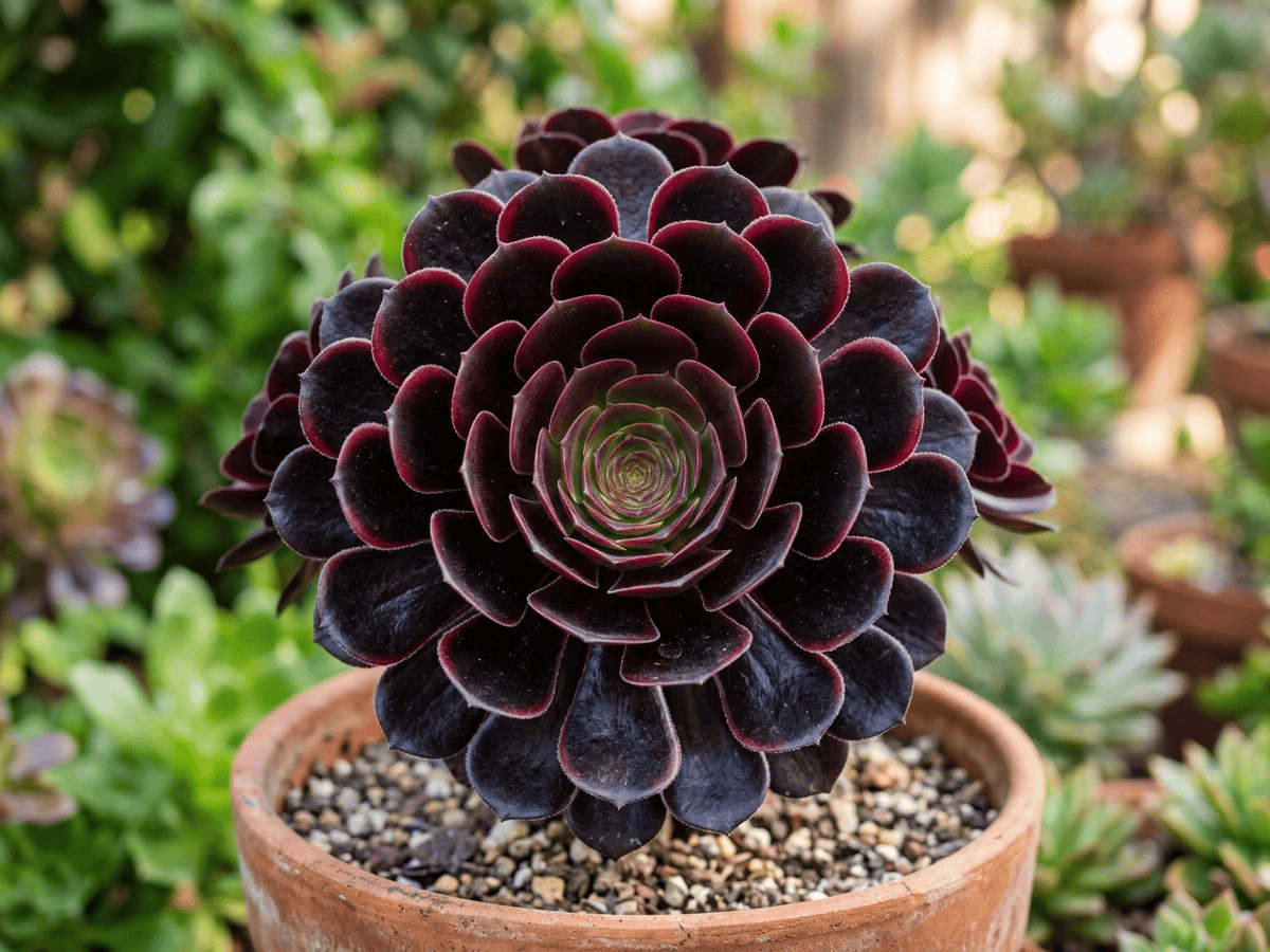 Aéonium 'Zwartkop' — gros plan sur feuilles et fleurs