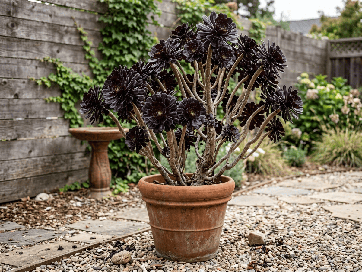 Aéonium 'Zwartkop' dans un jardin