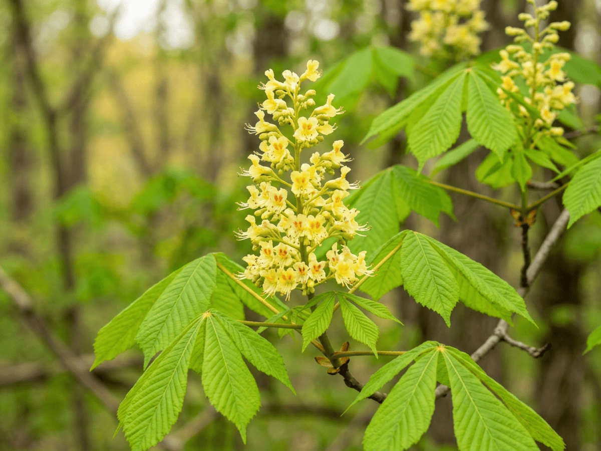 Marronnier jaune — gros plan sur feuilles et fleurs