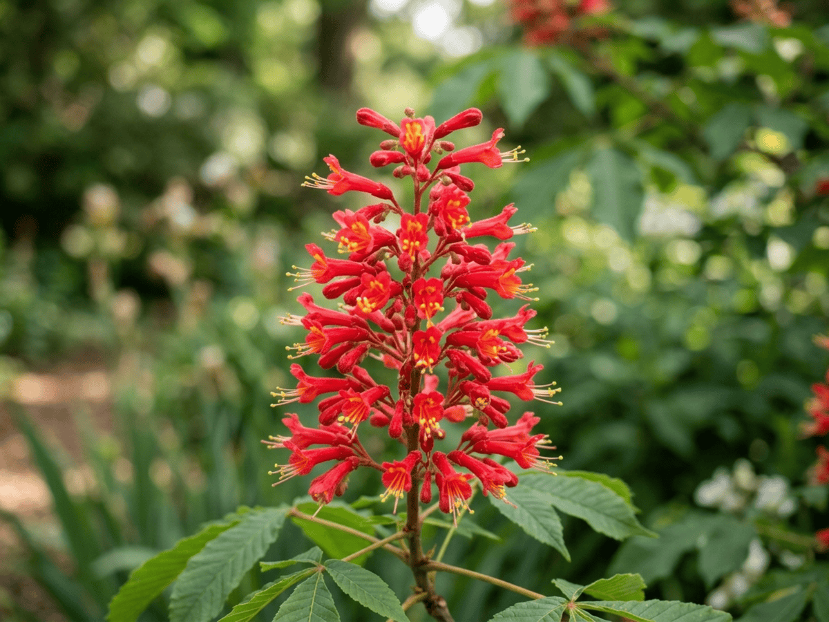 Ippocastano rosso — primo piano di foglie e fiori