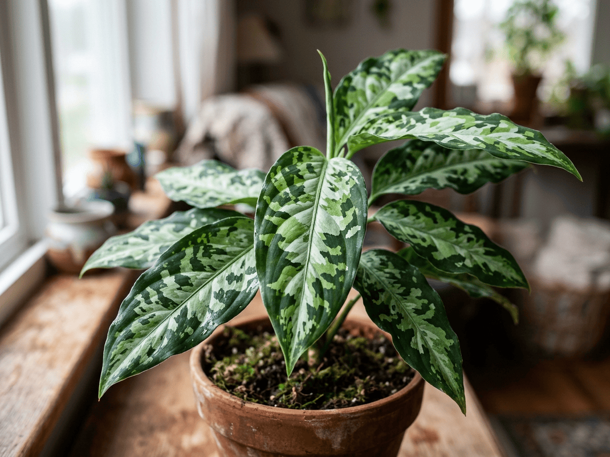 Aglaonema — primo piano di foglie e fiori