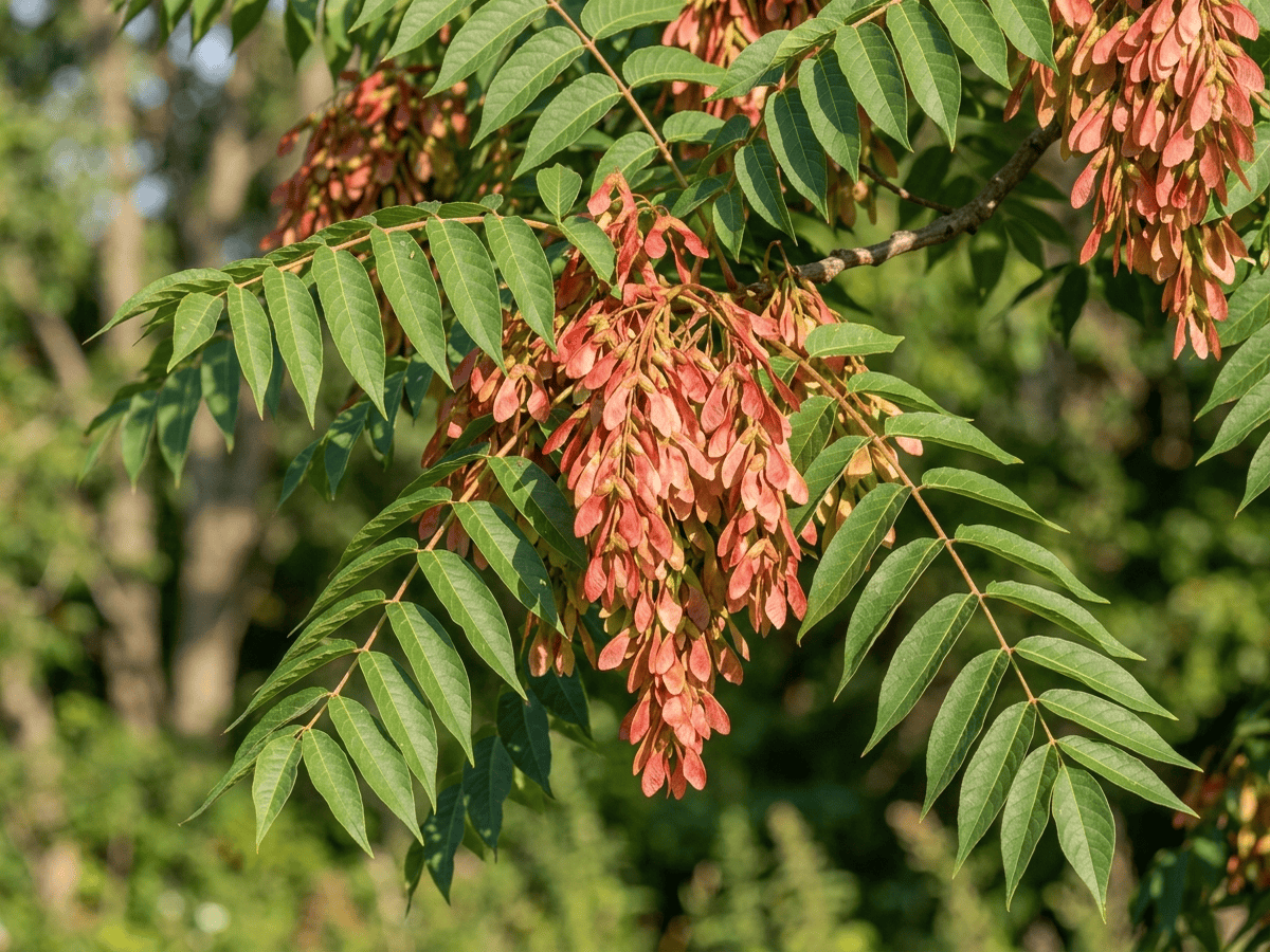 Götterbaum — Nahaufnahme von Blättern und Blüten