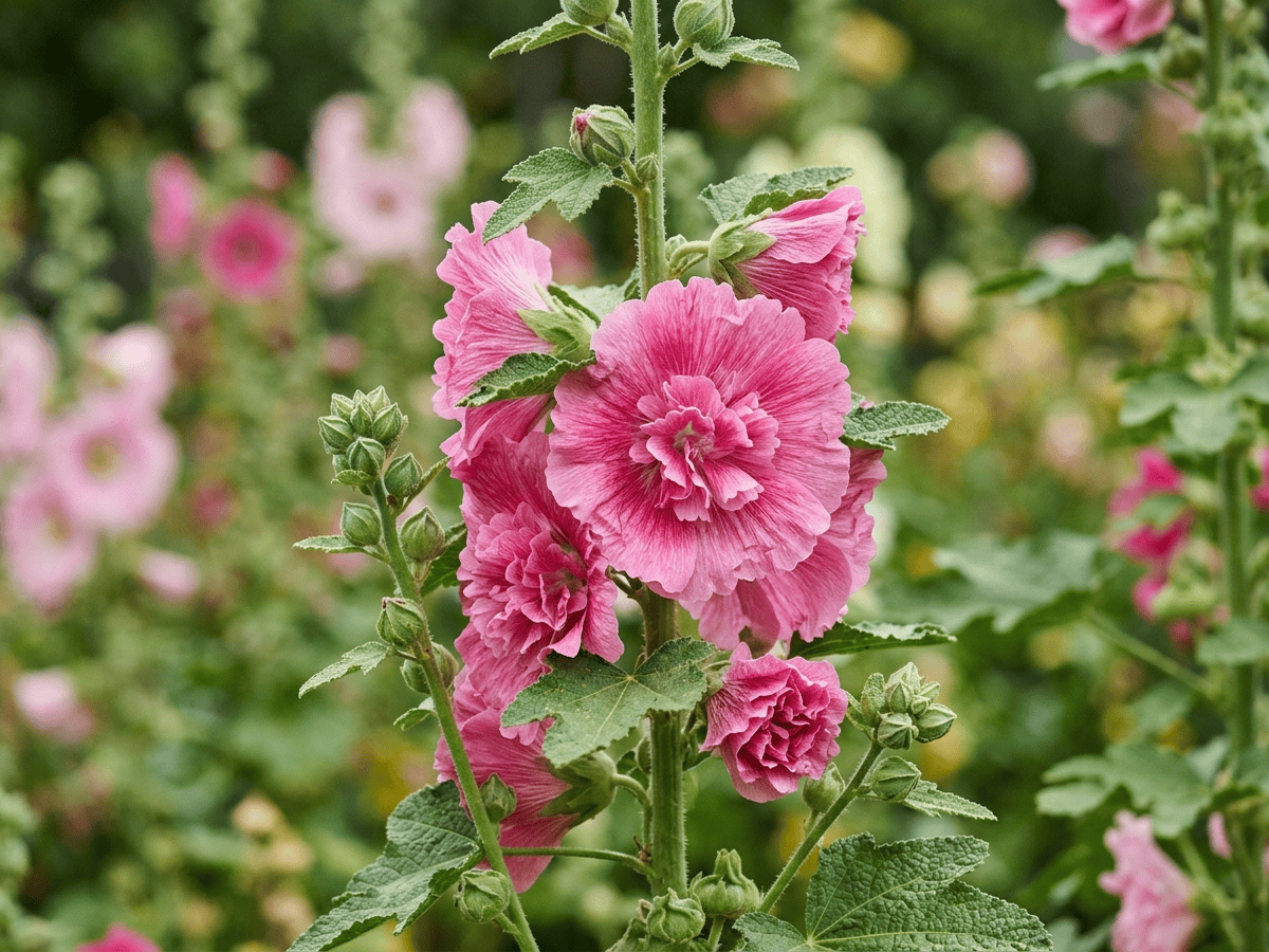 Hollyhock — close-up of leaves and flowers