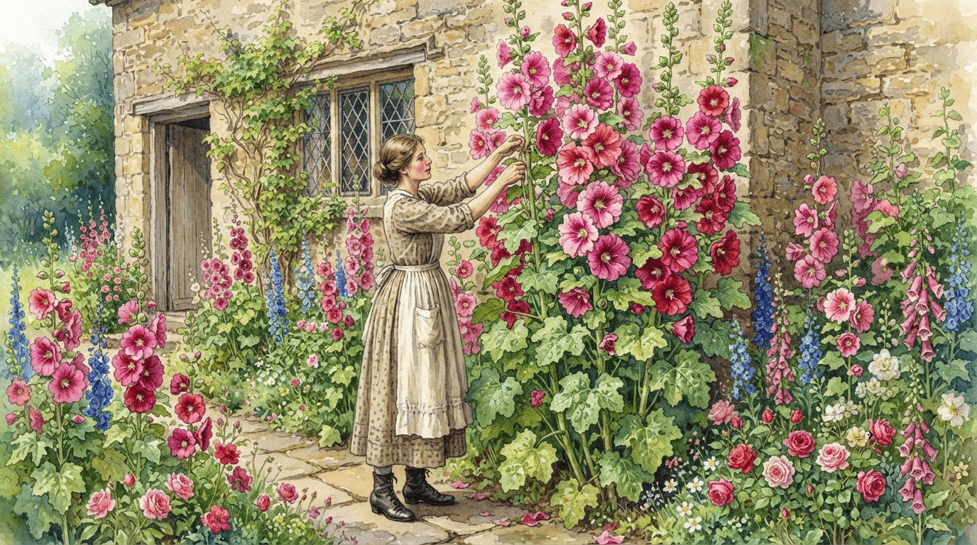 Illustrated historical scene for Hollyhock