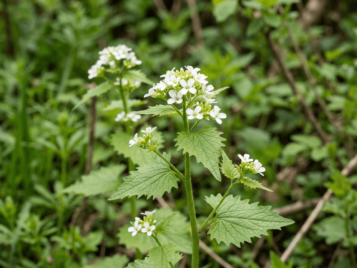 Knoblauchsrauke — Nahaufnahme von Blättern und Blüten