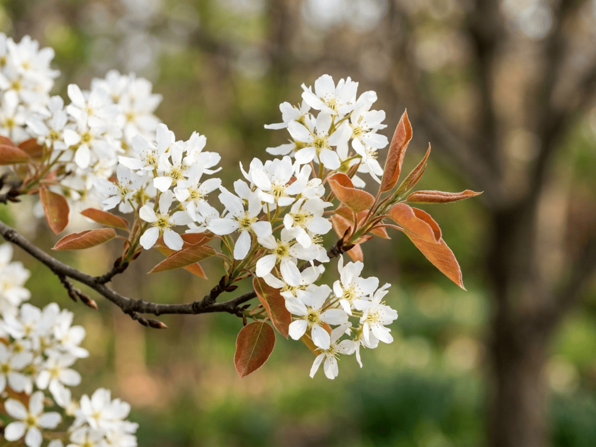Amelanchier lá nhẵn — cận cảnh lá và hoa