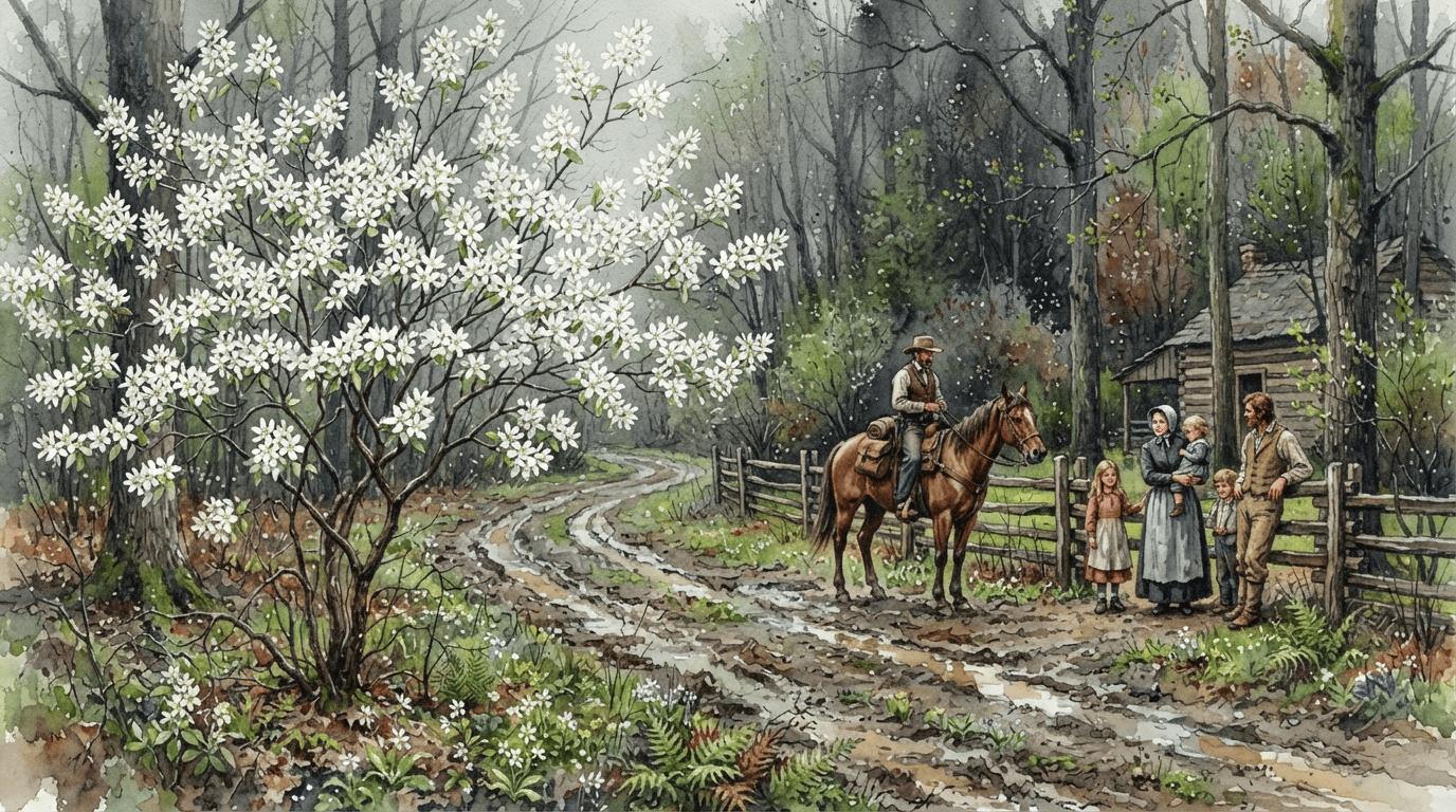 Tranh minh họa cảnh lịch sử về Amelanchier lá nhẵn