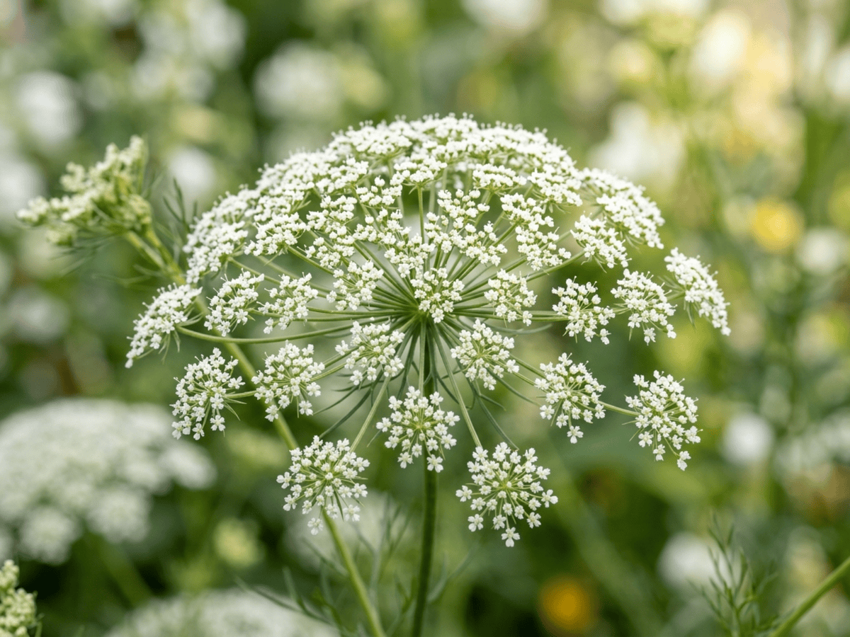 Visnaga maggiore — primo piano di foglie e fiori