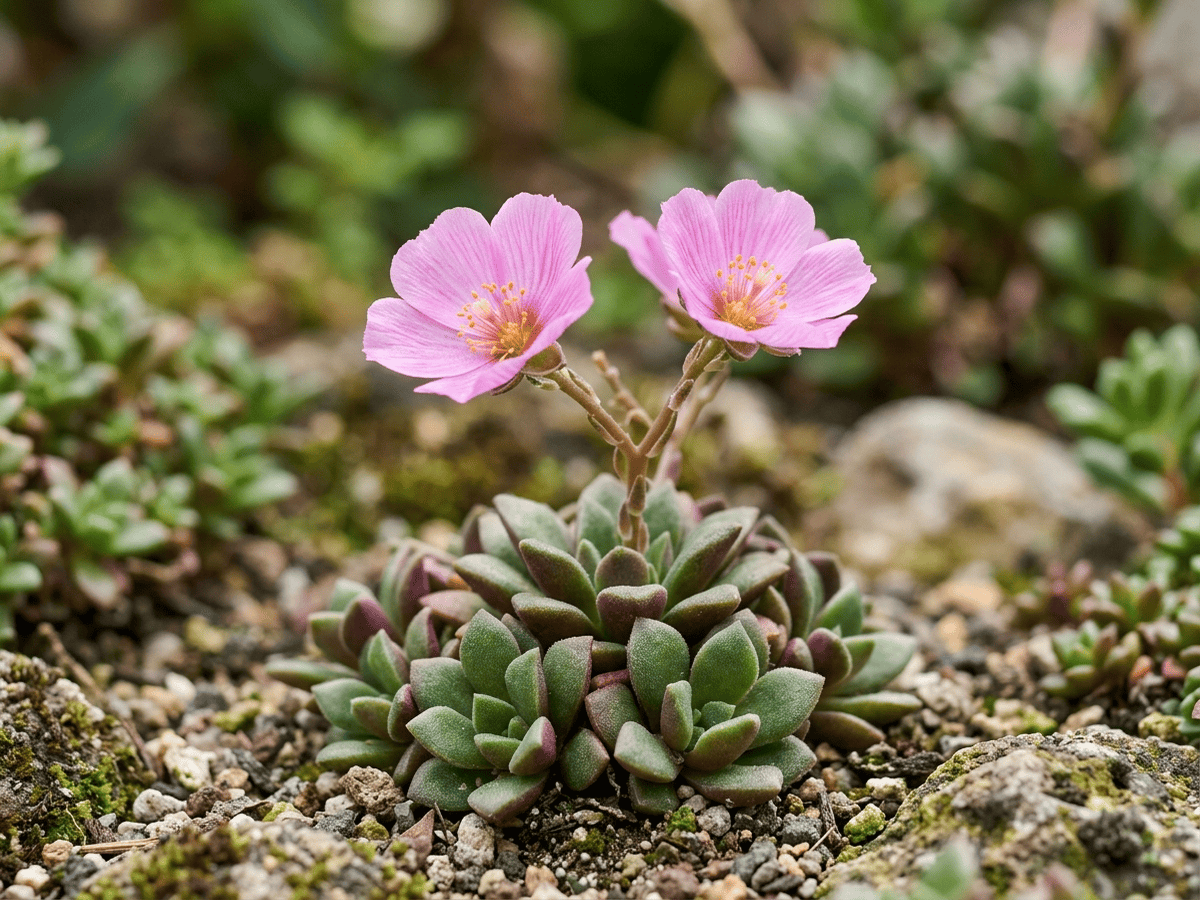 Anacampseros rossastra — primo piano di foglie e fiori