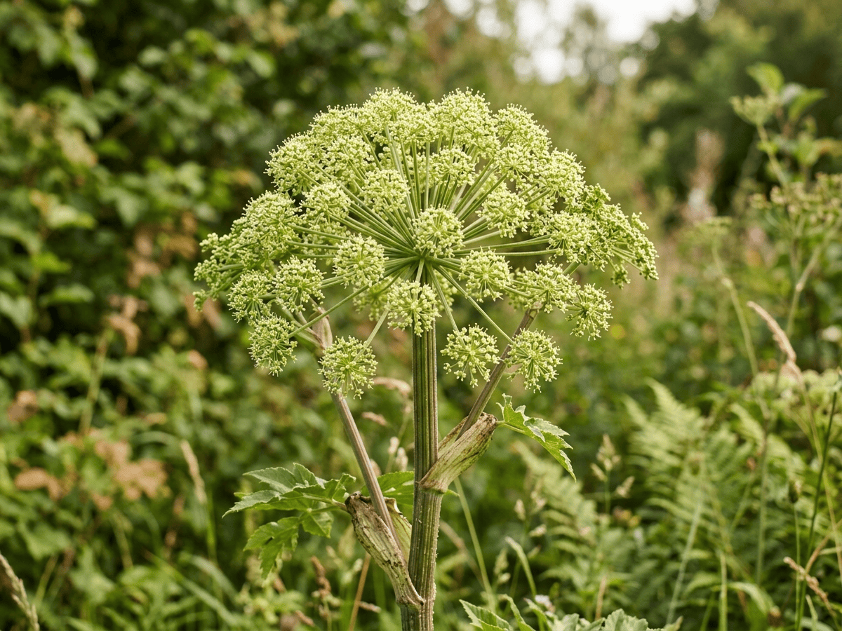 Angélique officinale — gros plan sur feuilles et fleurs