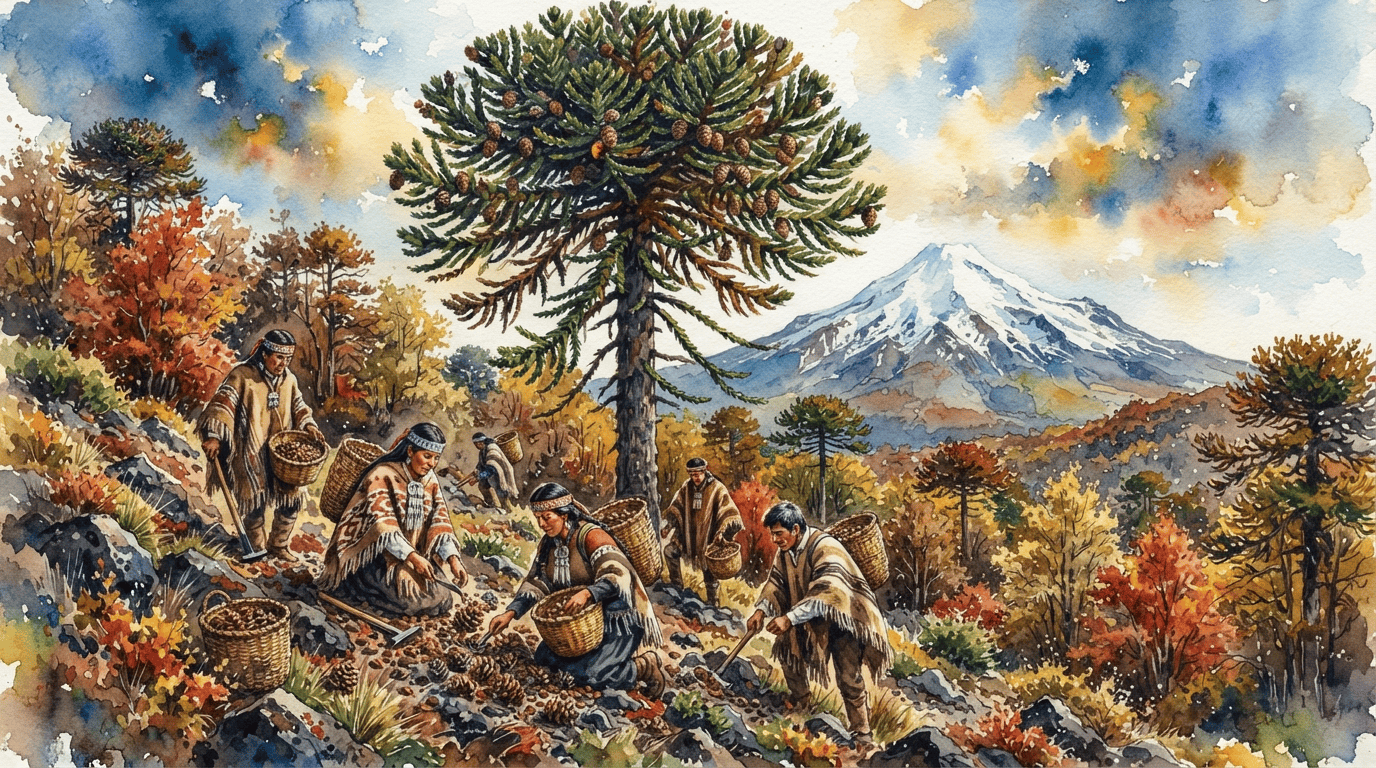 Escena histórica ilustrada de Pehuén