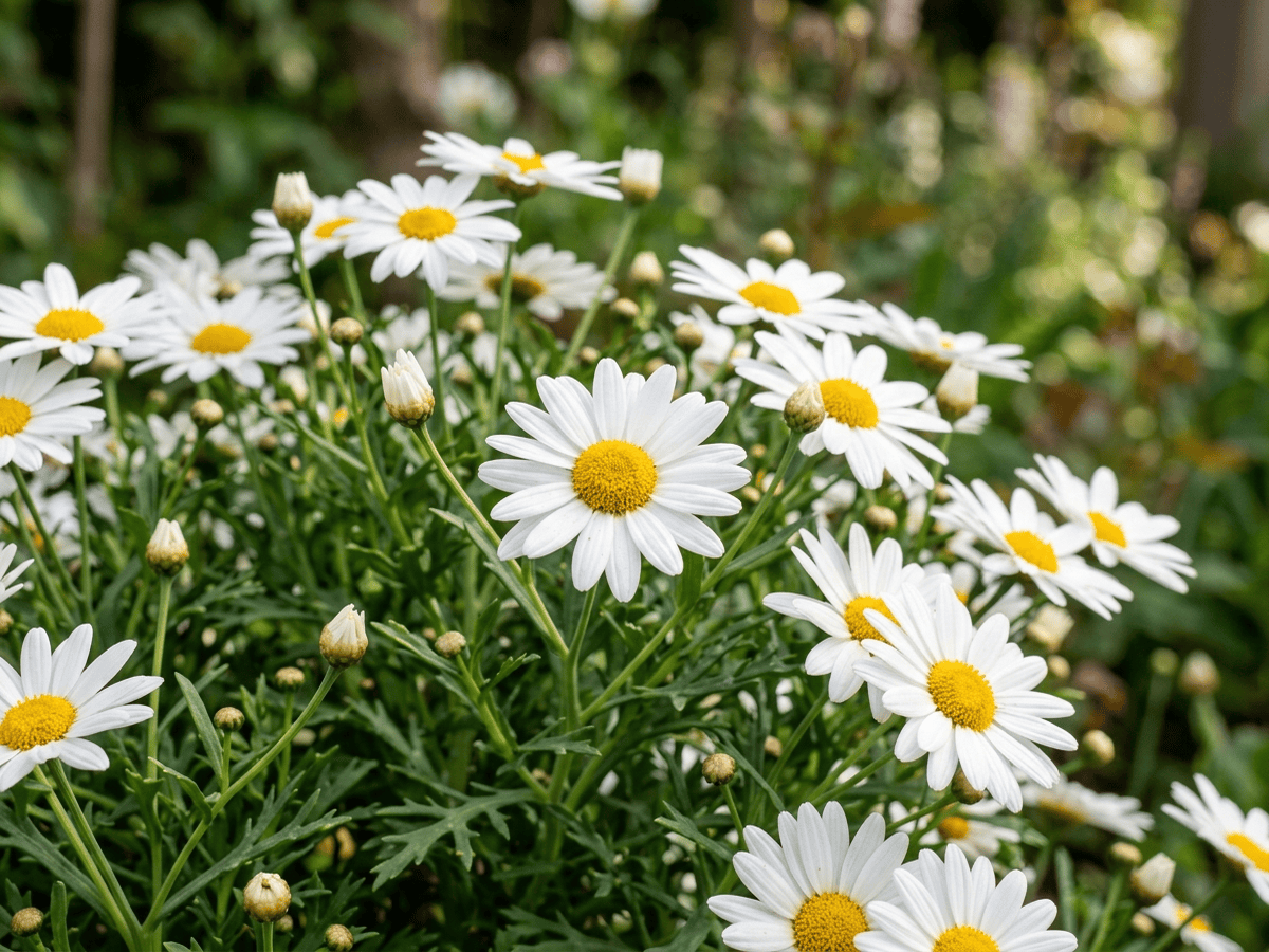 Strauchmargerite — Nahaufnahme von Blättern und Blüten