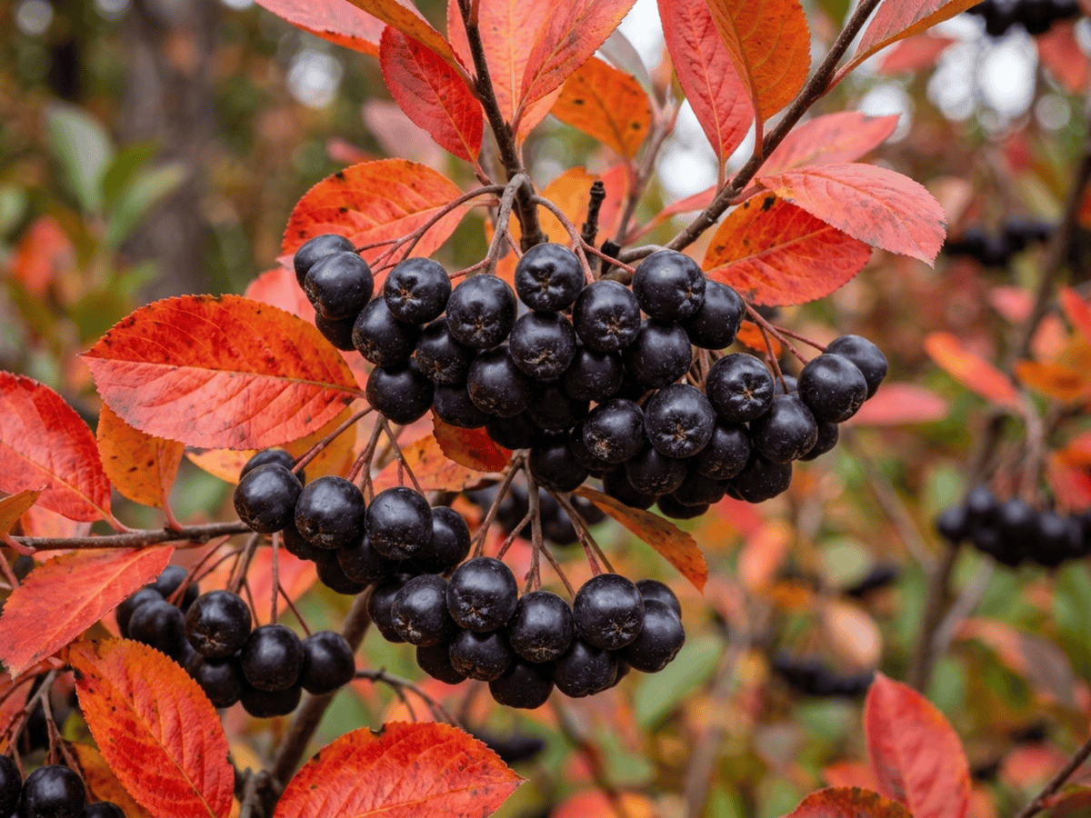 Aronia purpurea — primo piano di foglie e fiori