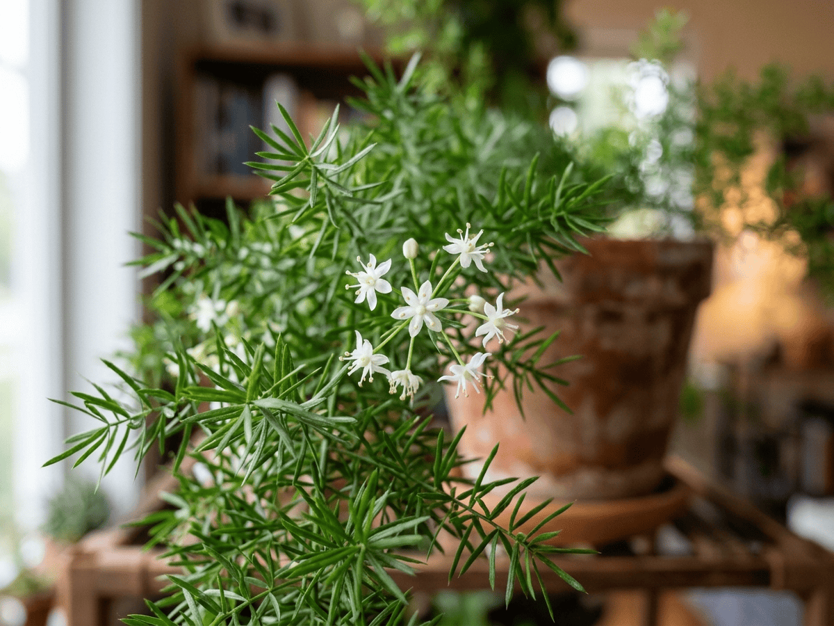 Asparago di Sprenger — primo piano di foglie e fiori