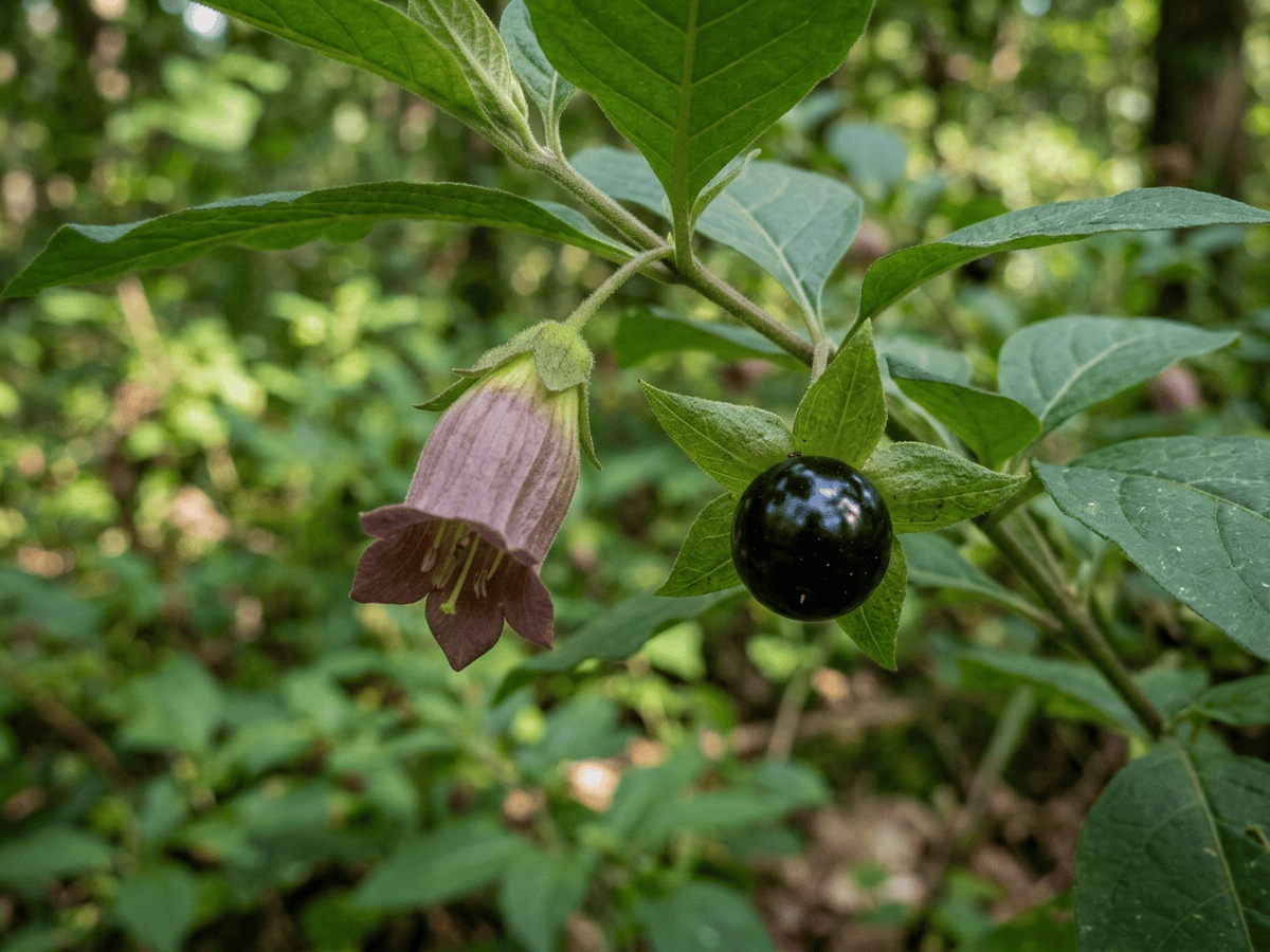 Tollkirsche — Nahaufnahme von Blättern und Blüten