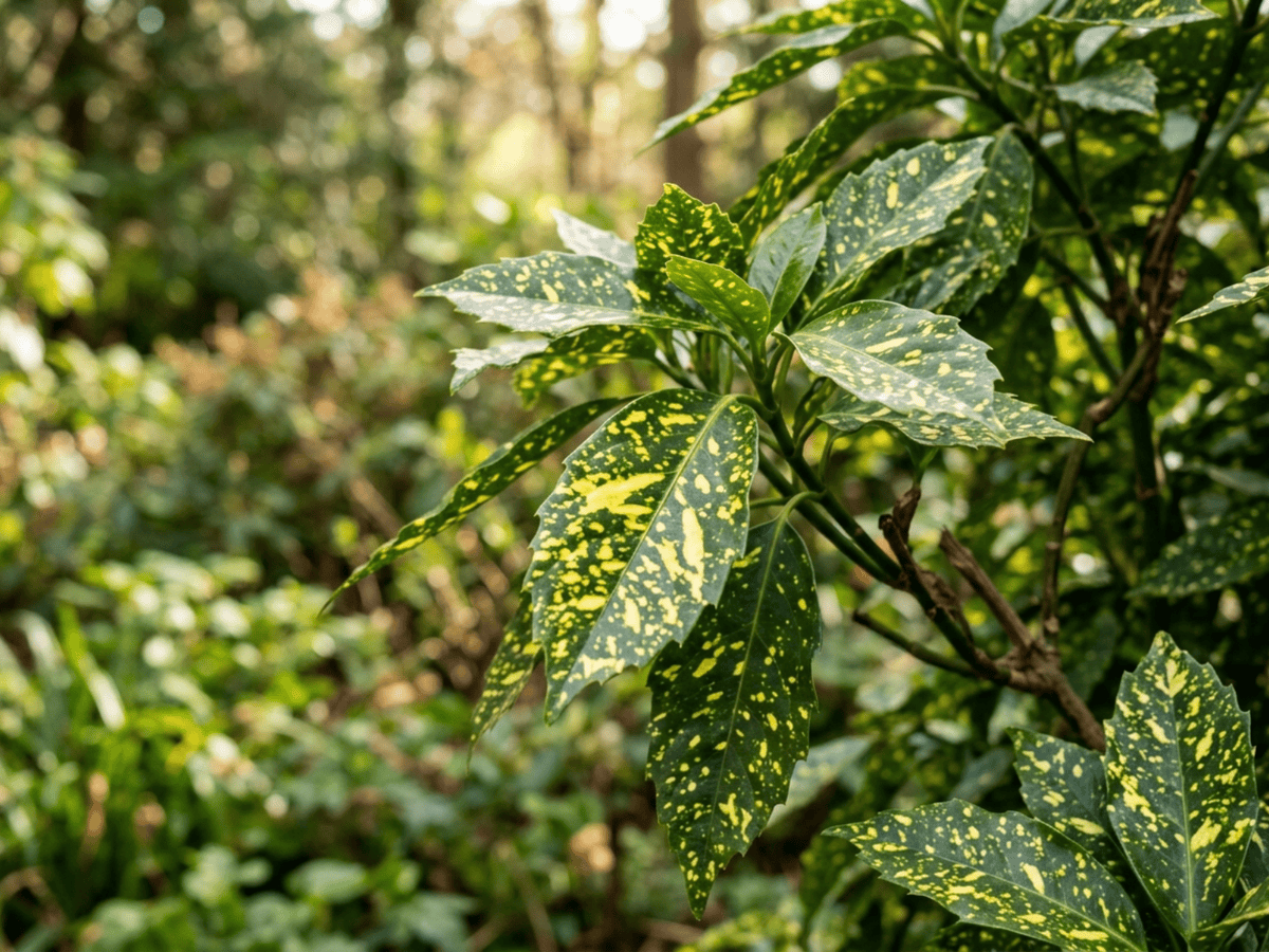 Aucuba giapponese — primo piano di foglie e fiori