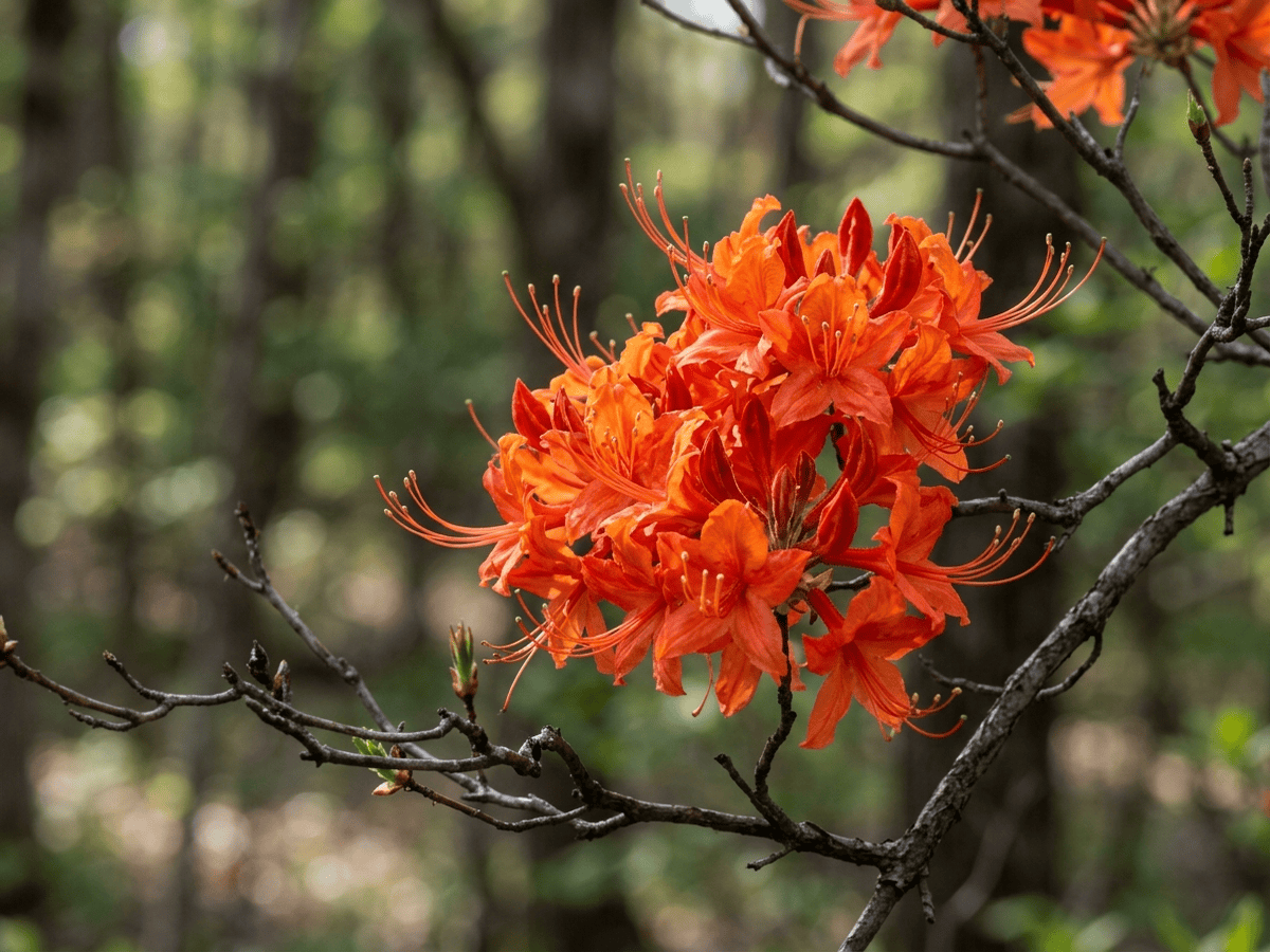 Azalea fiammeggiante — primo piano di foglie e fiori