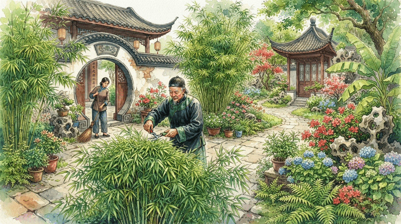 Escena histórica ilustrada de Bambú de seto
