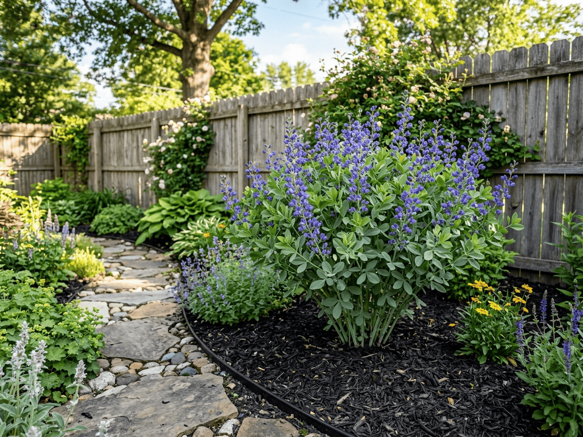 Tall Blue Wild Indigo in a garden setting
