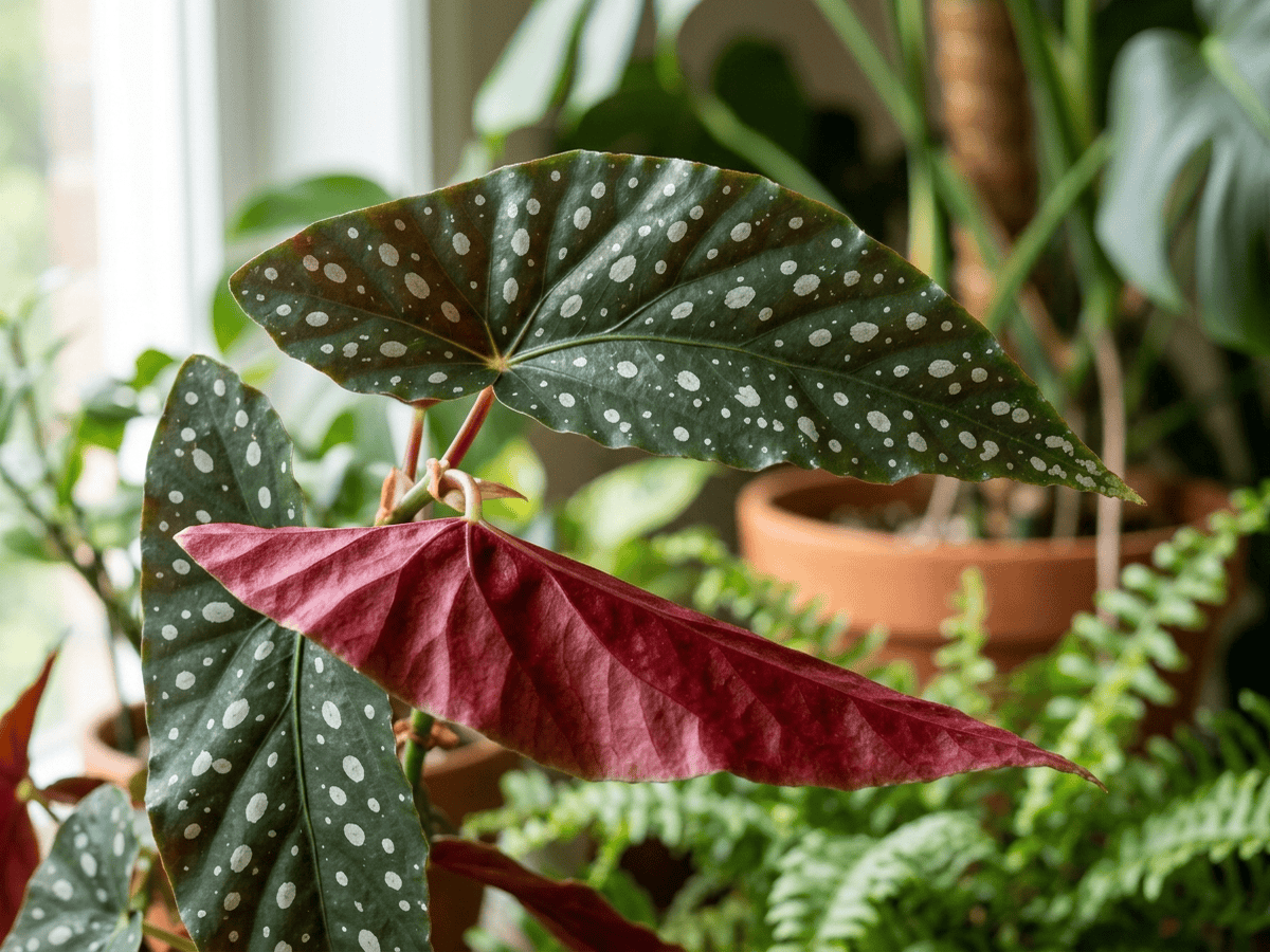 Begonia maculata — primo piano di foglie e fiori