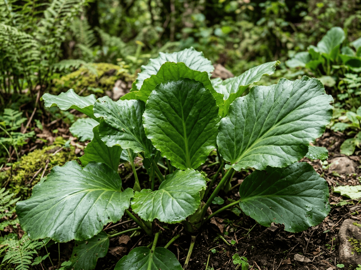 Bergenia — primer plano de hojas y flores