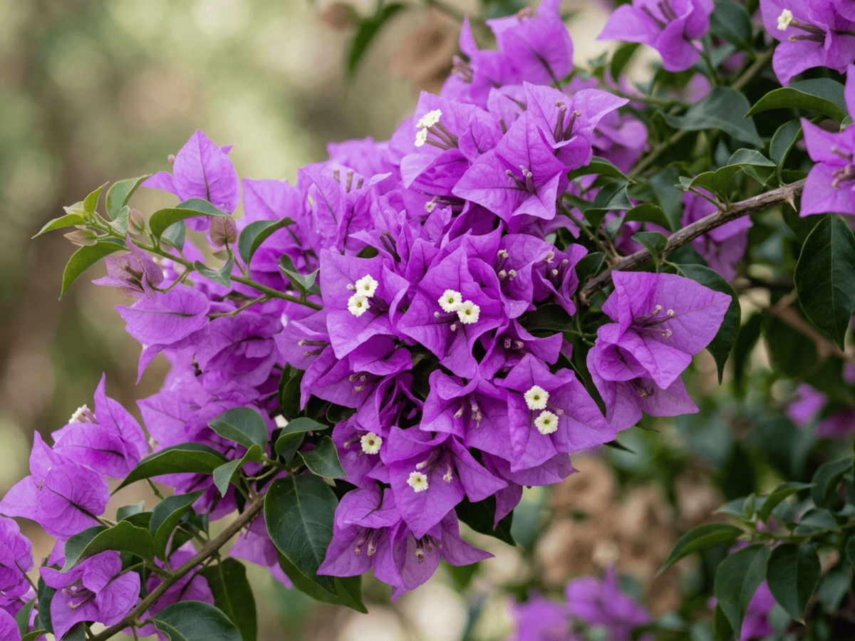 Bougainvillea glabra — primo piano di foglie e fiori