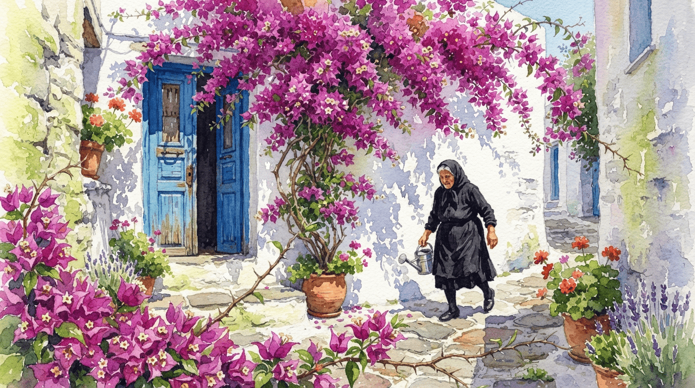 Escena histórica ilustrada de buganvilla
