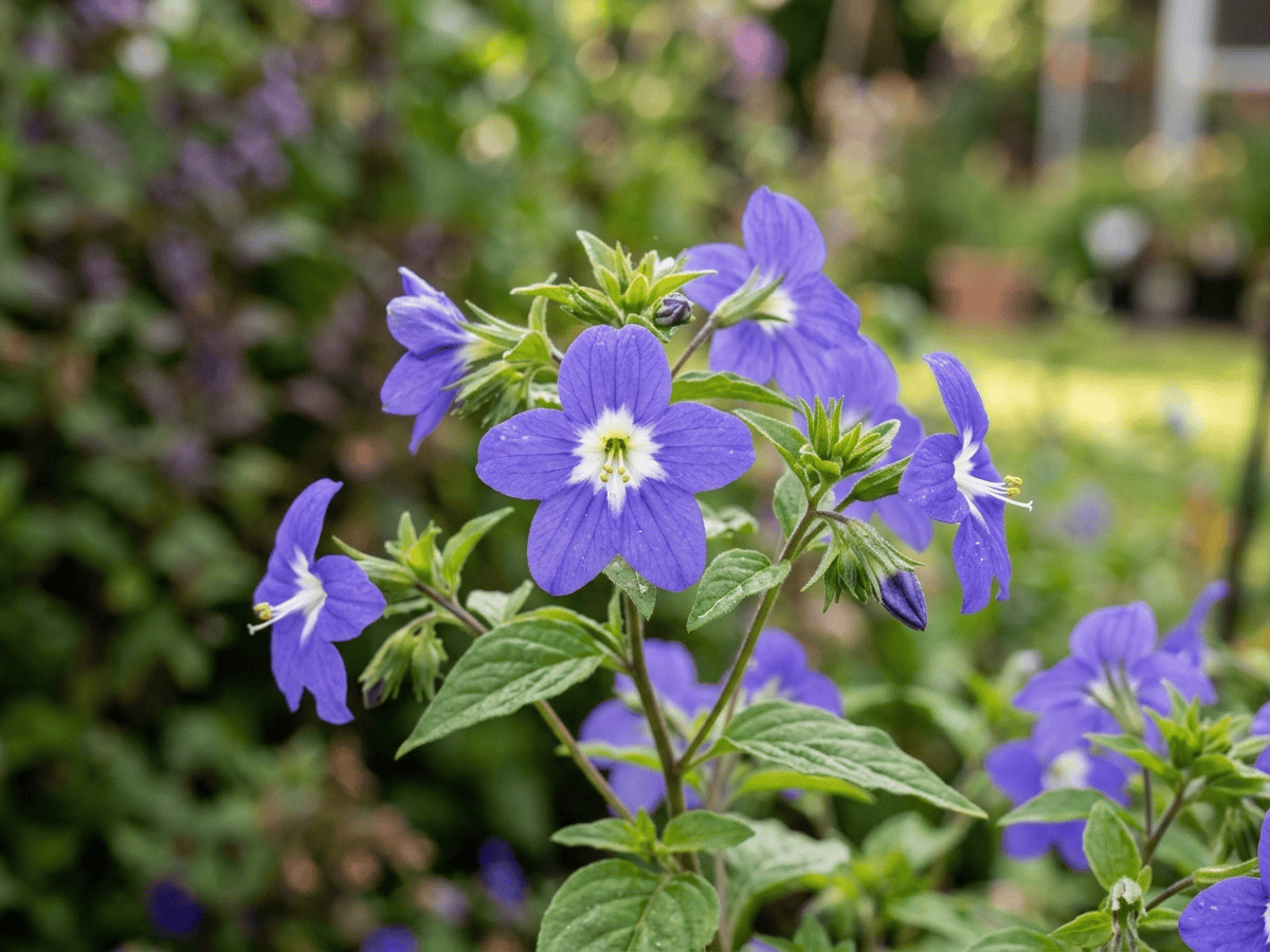 Browallia americana — primo piano di foglie e fiori