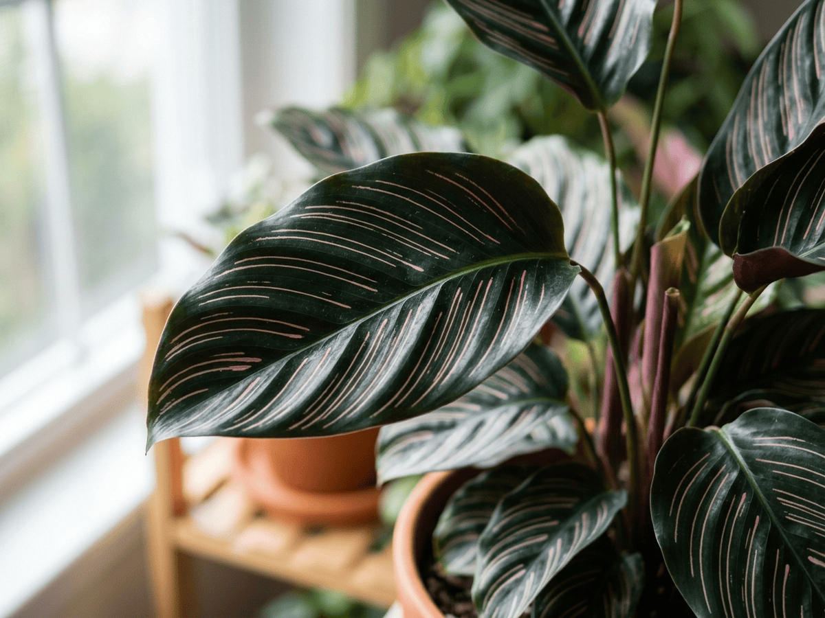 calathea ornata — primo piano di foglie e fiori