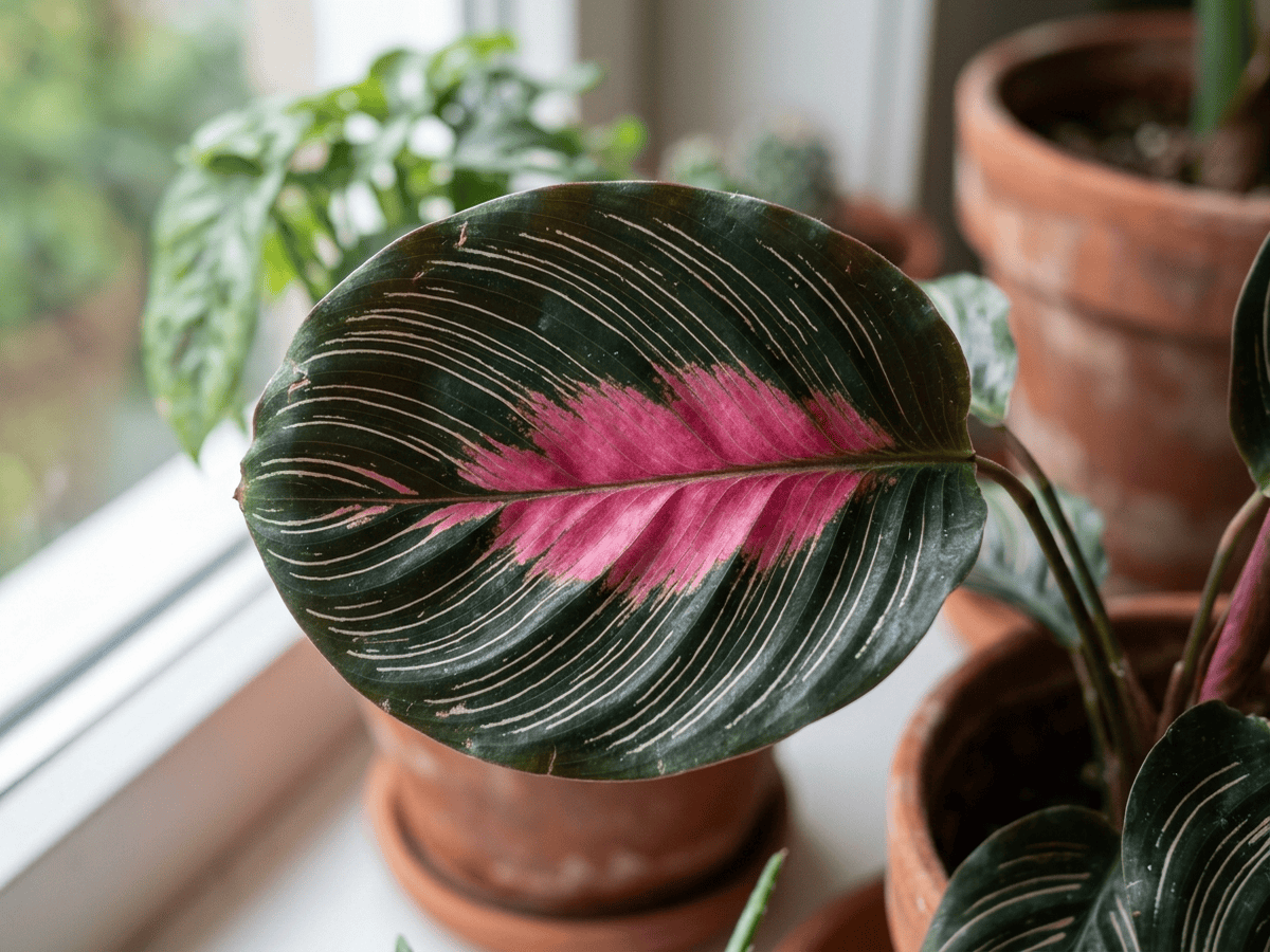 Maranta-rosa — close de folhas e flores