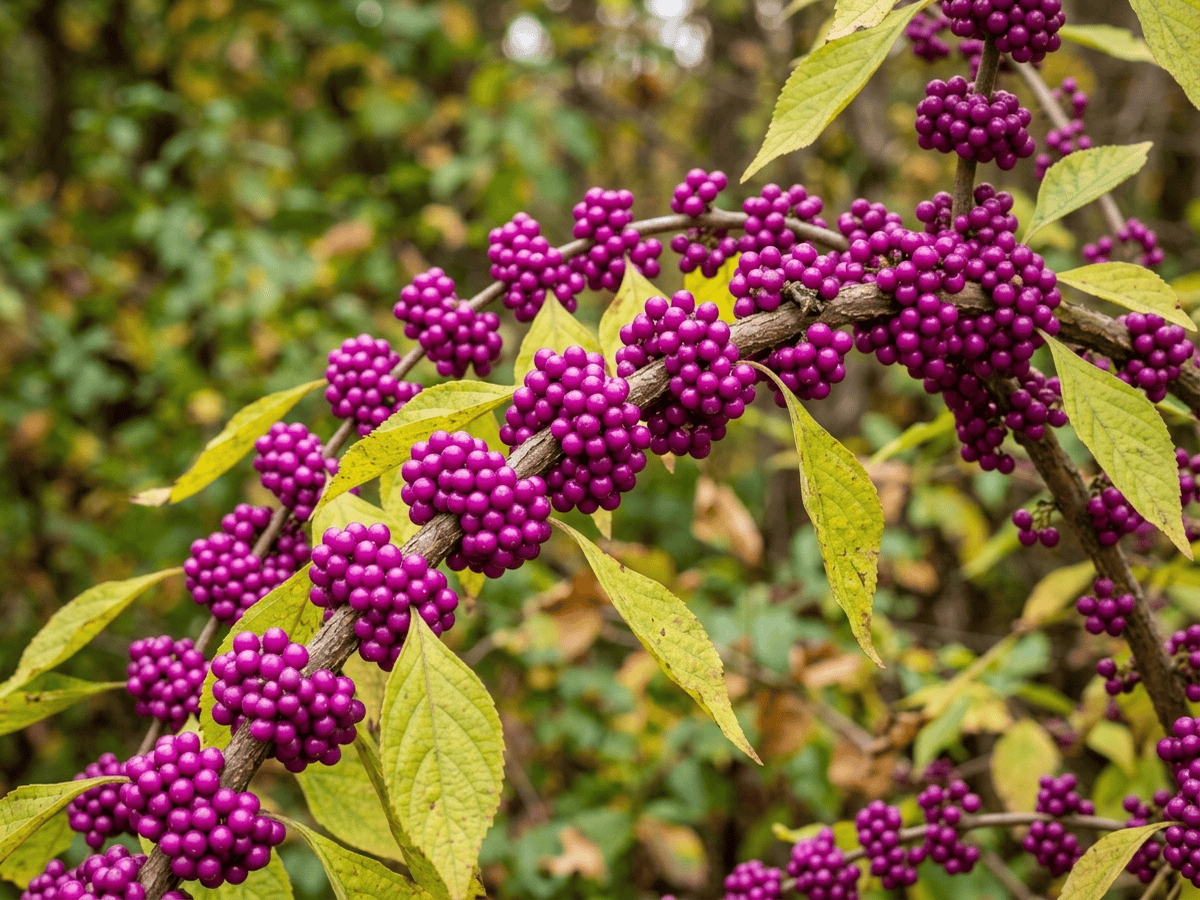 callicarpa americana — primo piano di foglie e fiori