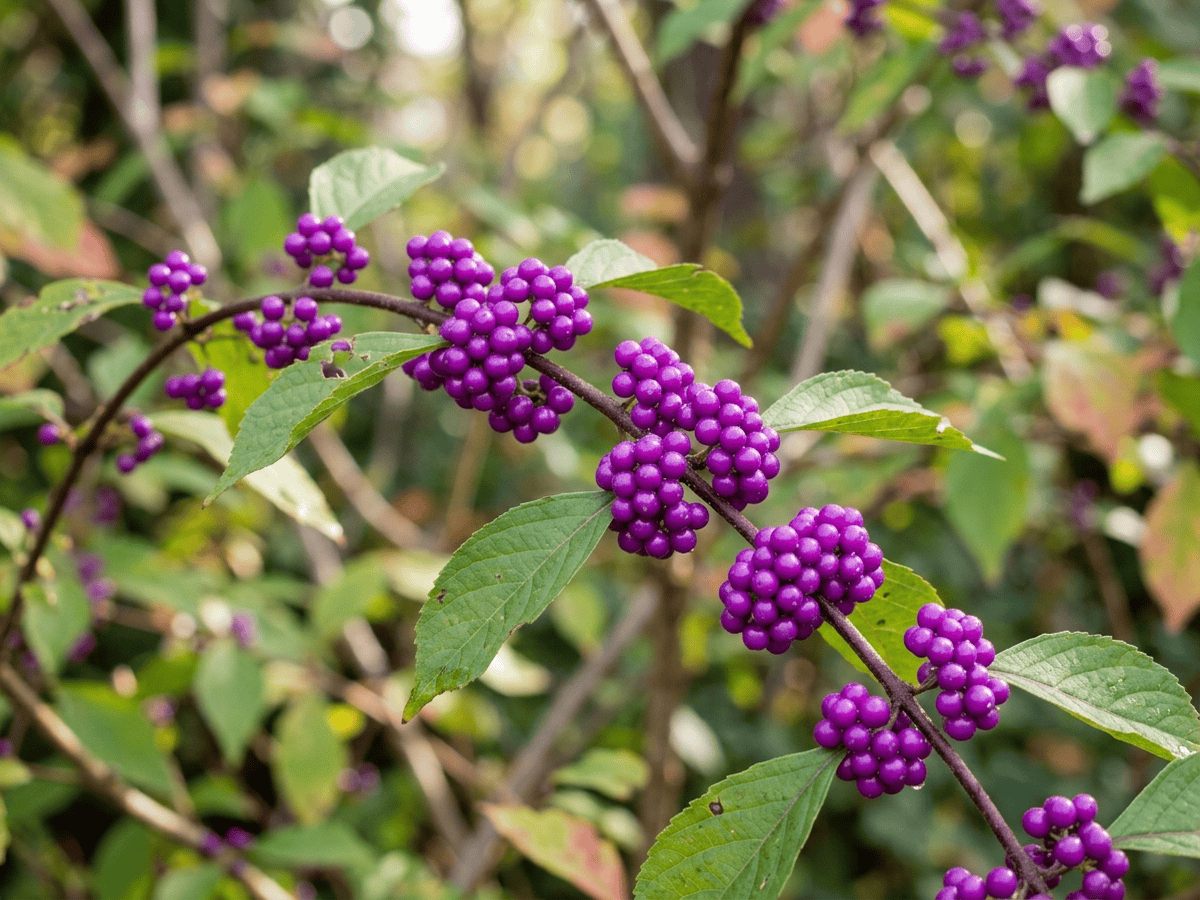 callicarpa púrpura — primer plano de hojas y flores