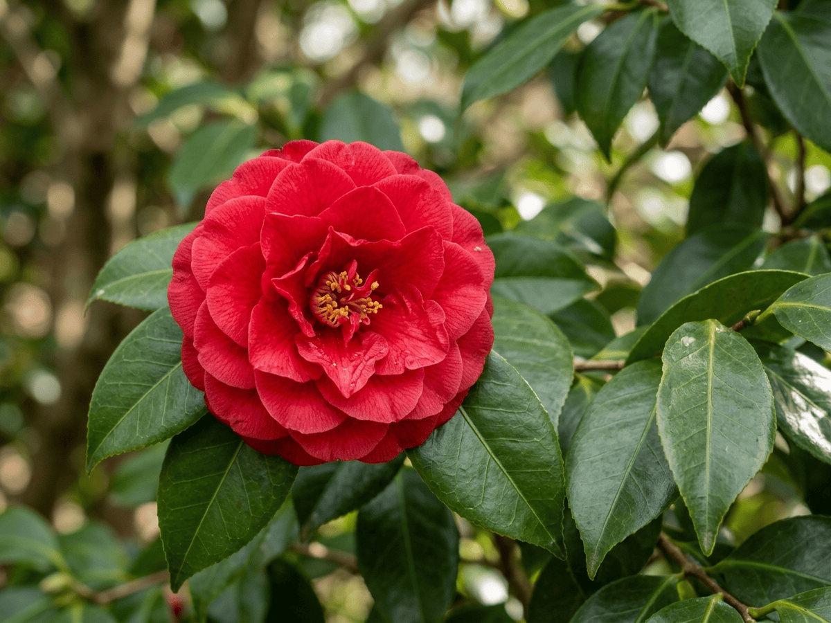 camelia giapponese — primo piano di foglie e fiori