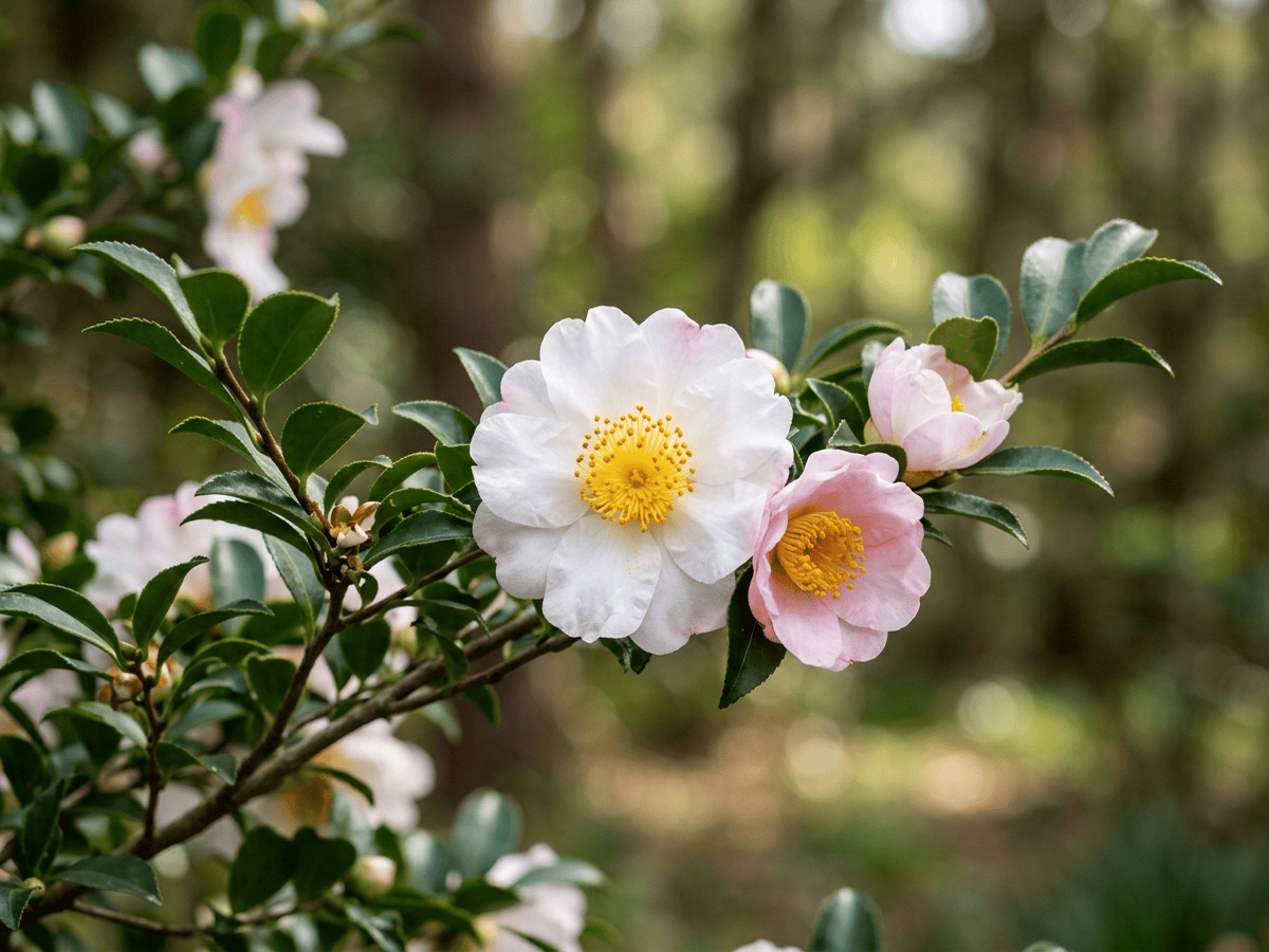 camelia sasanqua — primo piano di foglie e fiori
