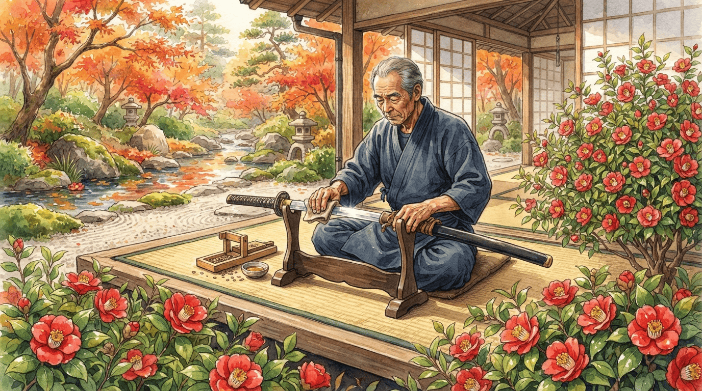 Scena storica illustrata per camelia sasanqua