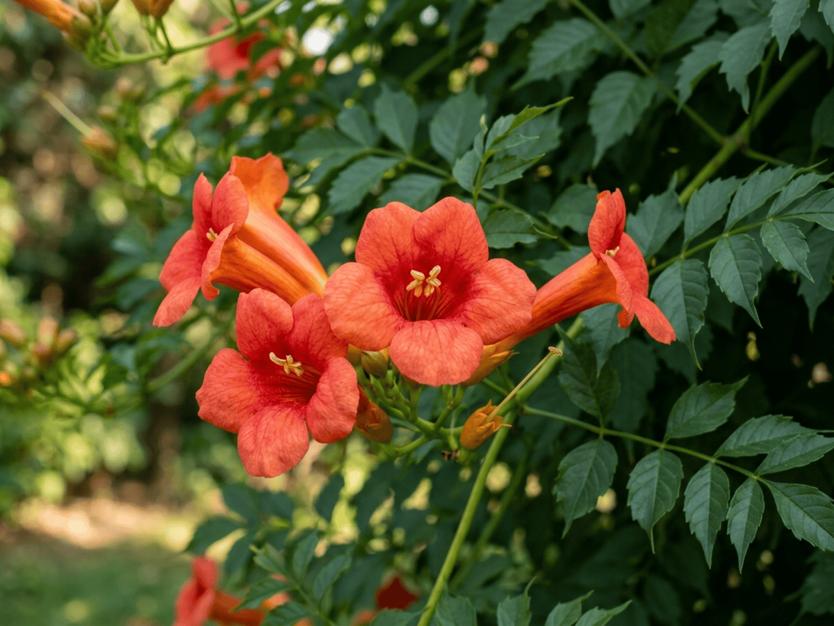 American Trumpet Vine — close-up of leaves and flowers