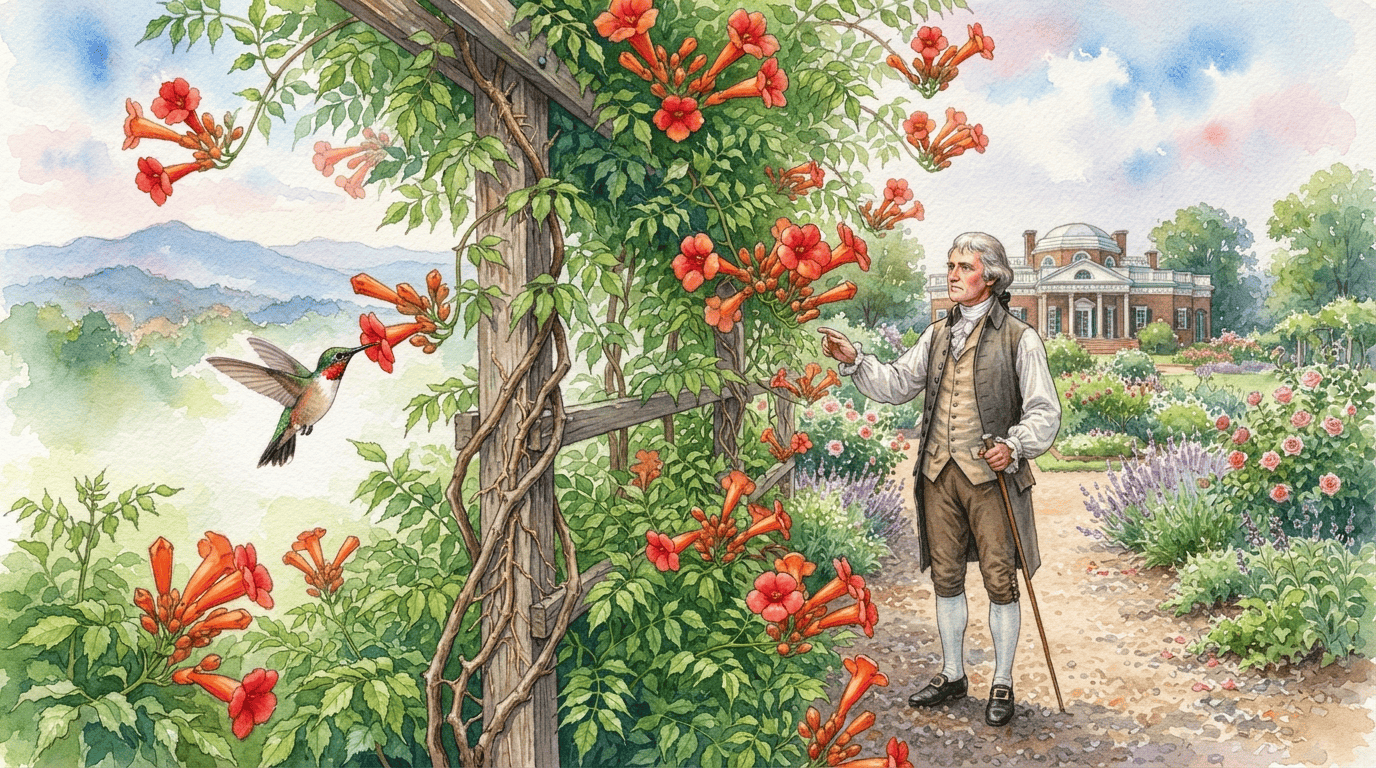 Illustrated historical scene for American Trumpet Vine