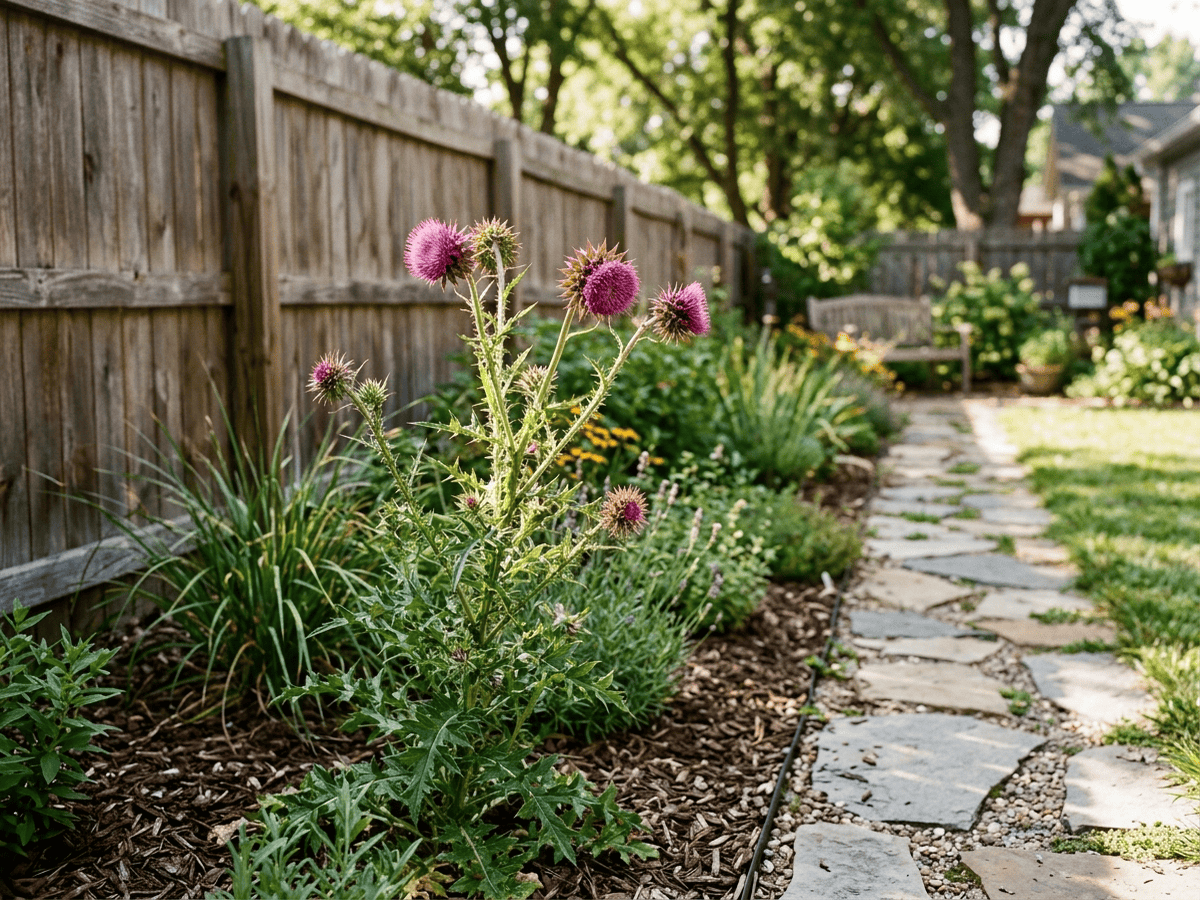 Musk Thistle in a garden setting
