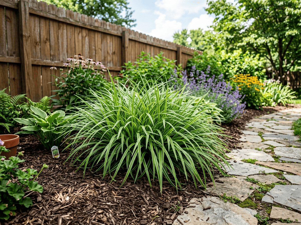 Creeping Broad-Leaf Sedge in a garden setting
