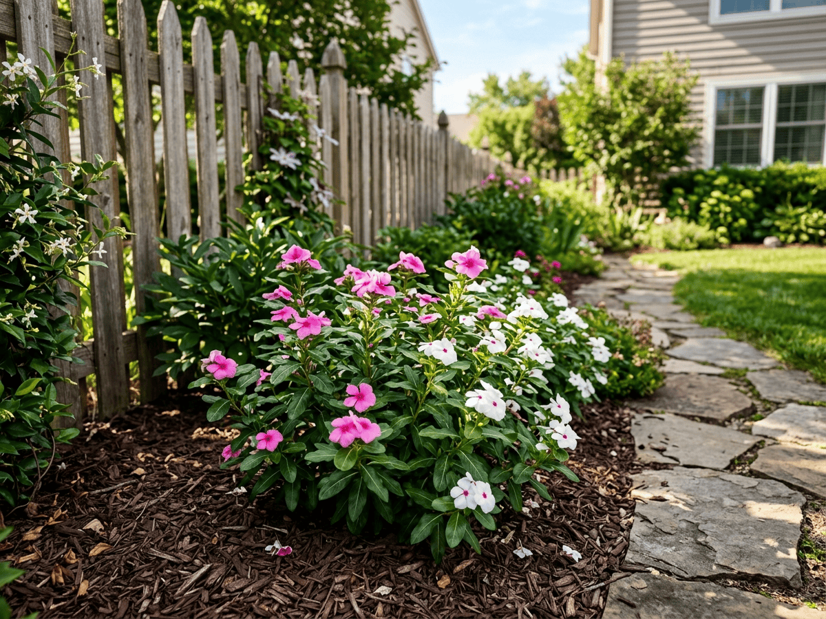 Madagascar Periwinkle in a garden setting