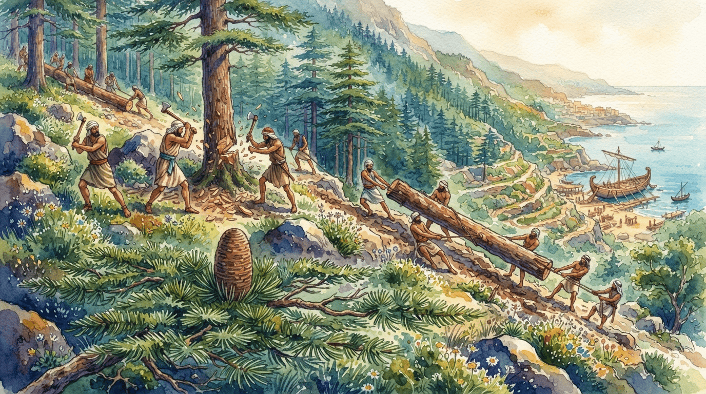 Escena histórica ilustrada de cedro del Líbano