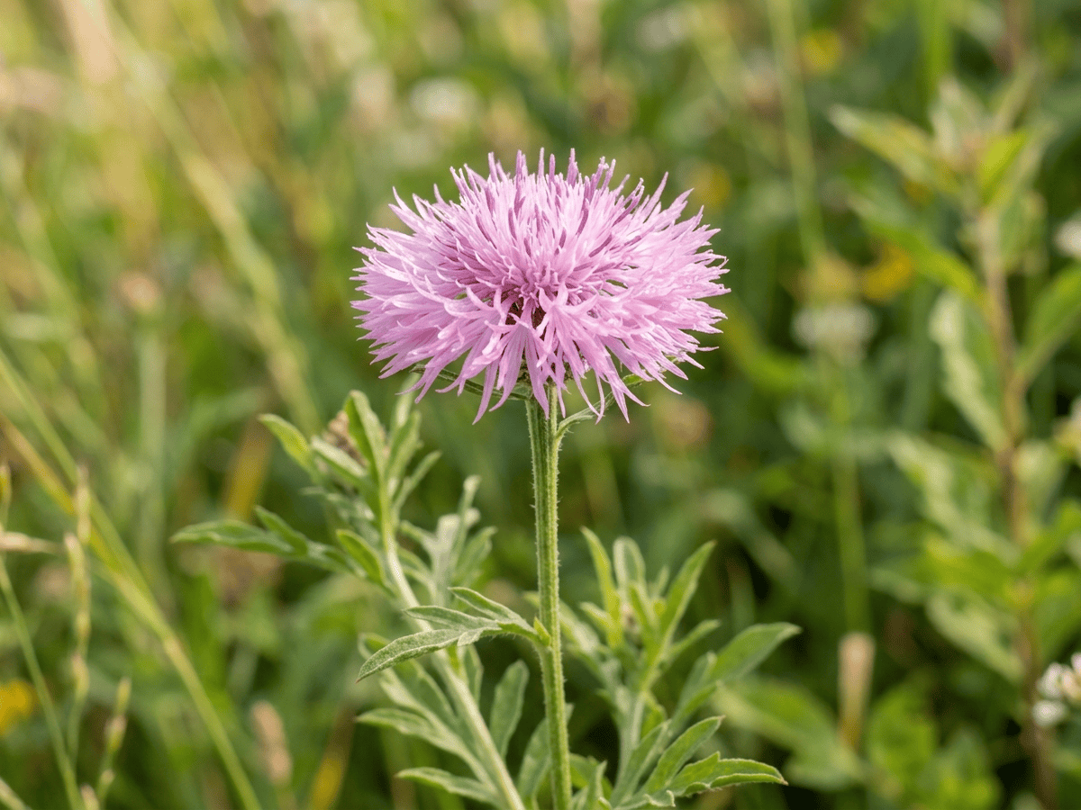 Fiordaliso muschiato — primo piano di foglie e fiori