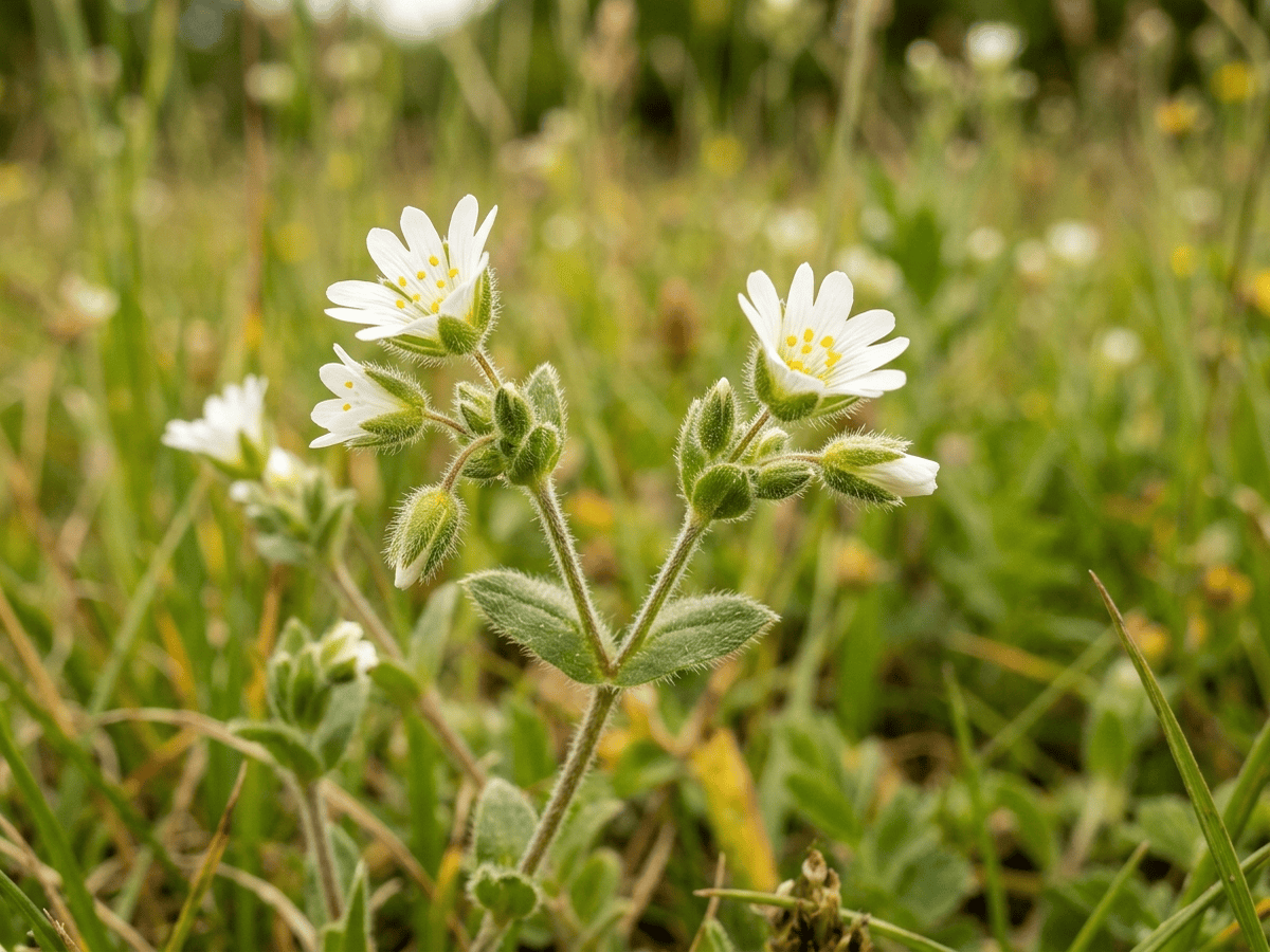 Gewöhnliches Hornkraut — Nahaufnahme von Blättern und Blüten