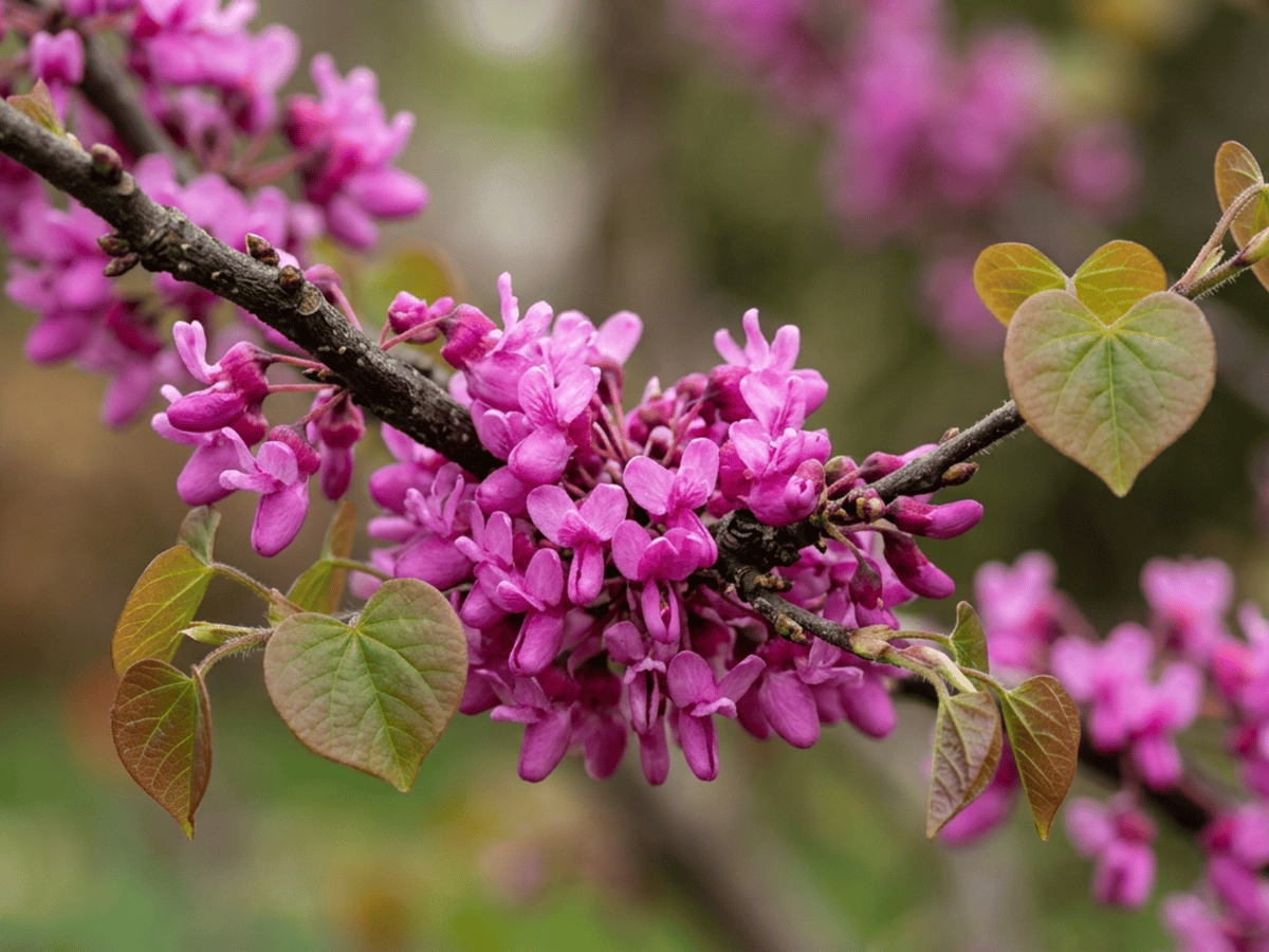 árbol de Judas del Canadá — primer plano de hojas y flores