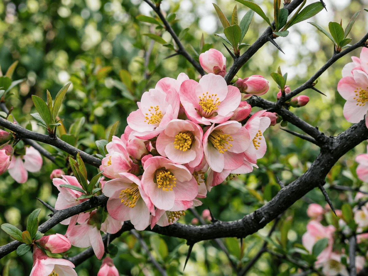 Membrillo de China — primer plano de hojas y flores