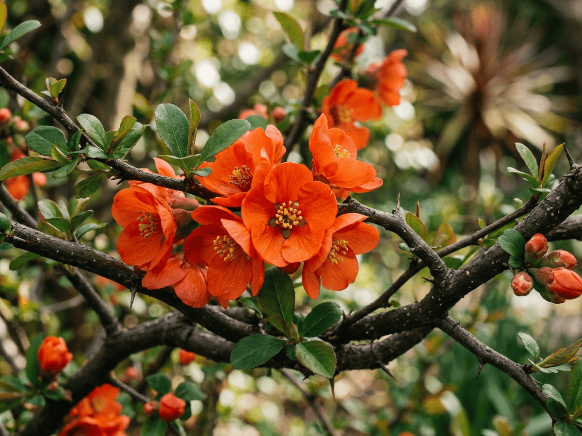 Japanese Quince — close-up of leaves and flowers