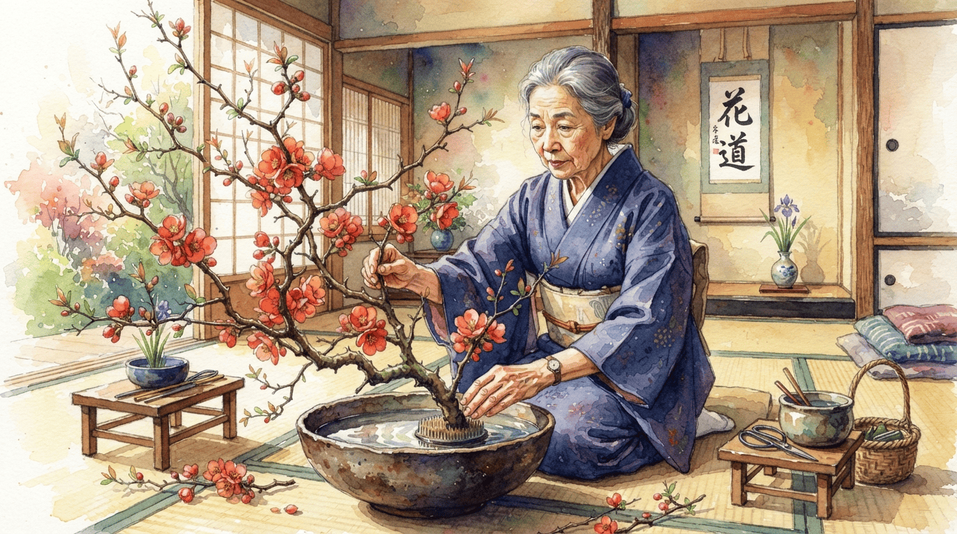 Illustrated historical scene for Japanese Quince