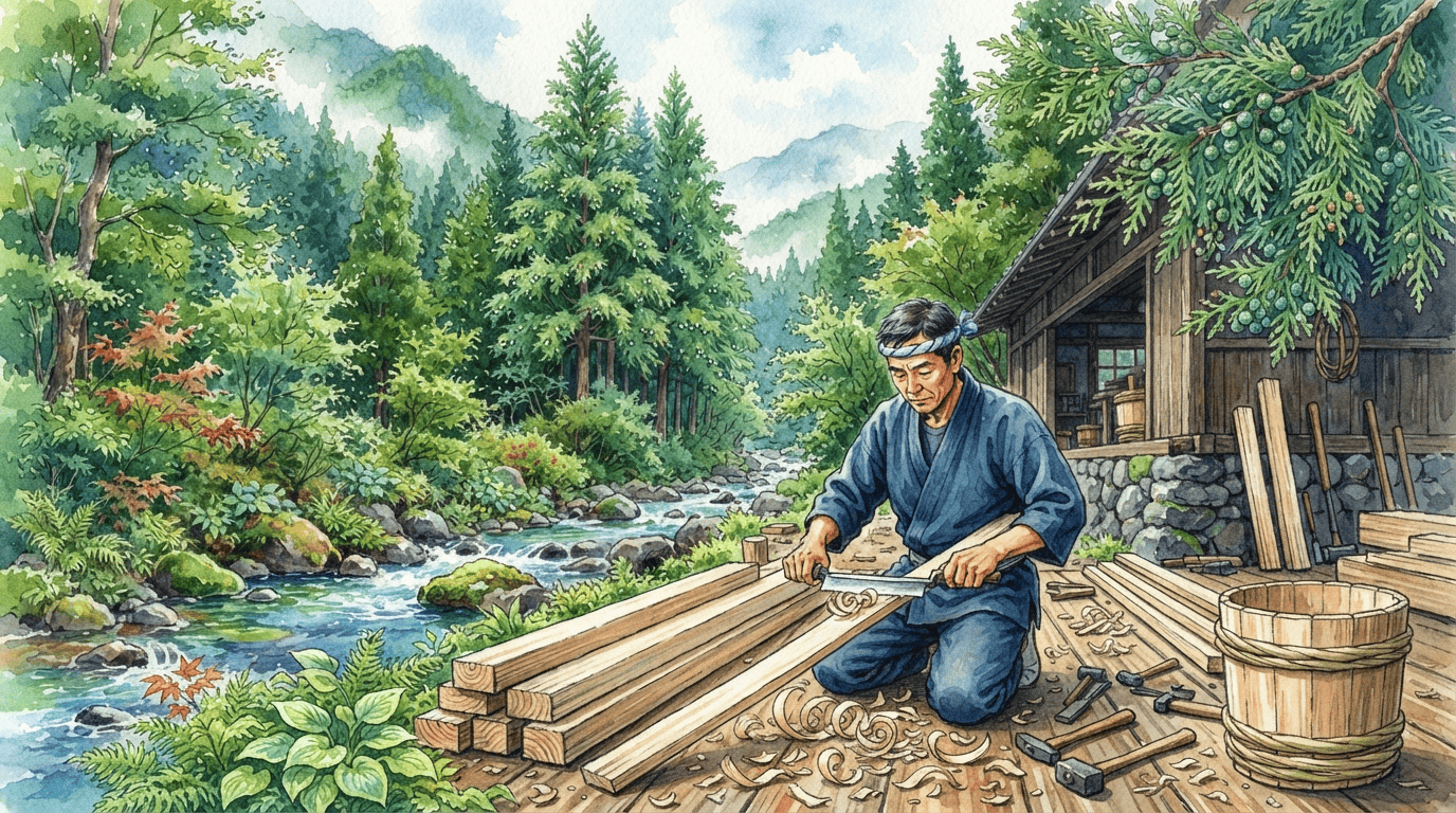 Illustrated historical scene for Sawara Cypress